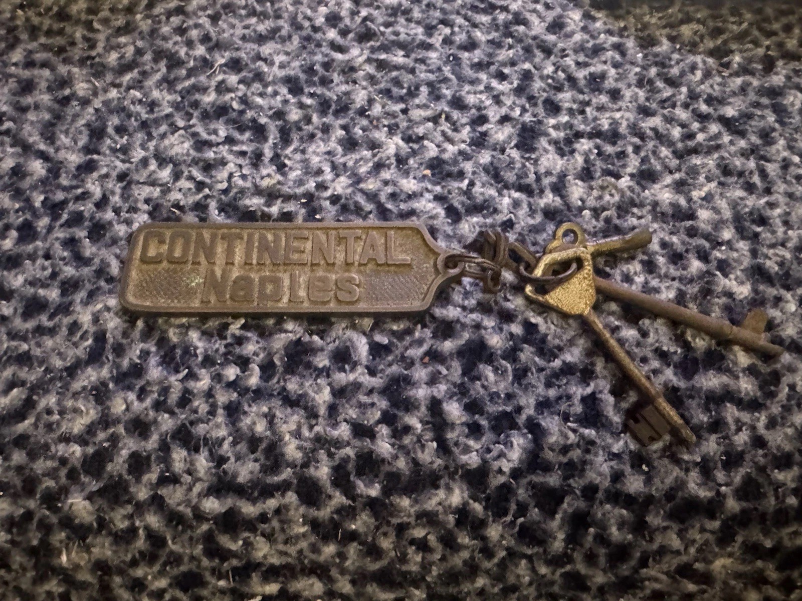  Vintage Continental Hotel Naples Keychain And Keys. Brass, Steel 1920’s?