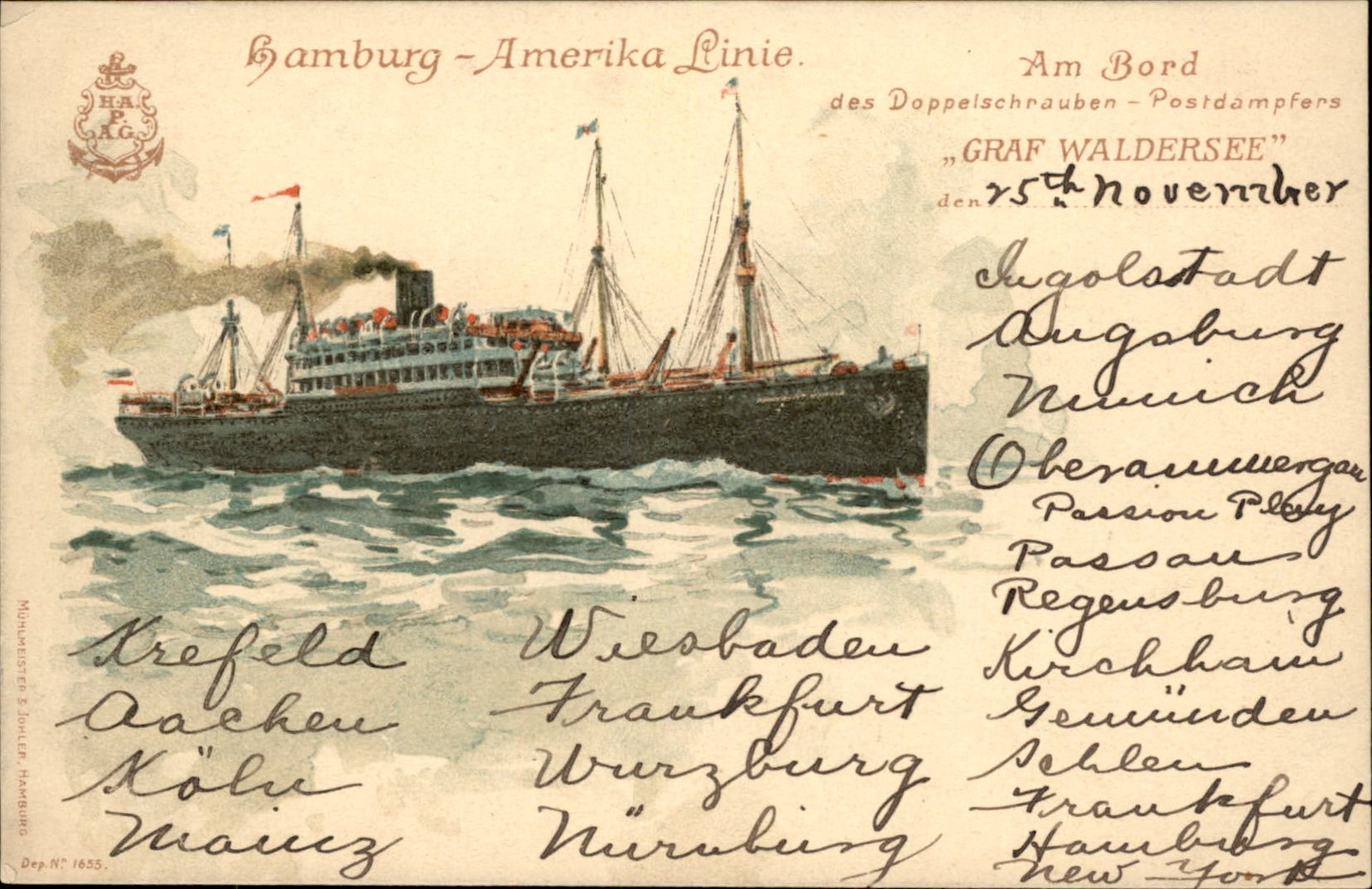 Ocean liner Ship Graf Waldersee Hamburg Amerika c1900 Vintage Postcard bhn #2