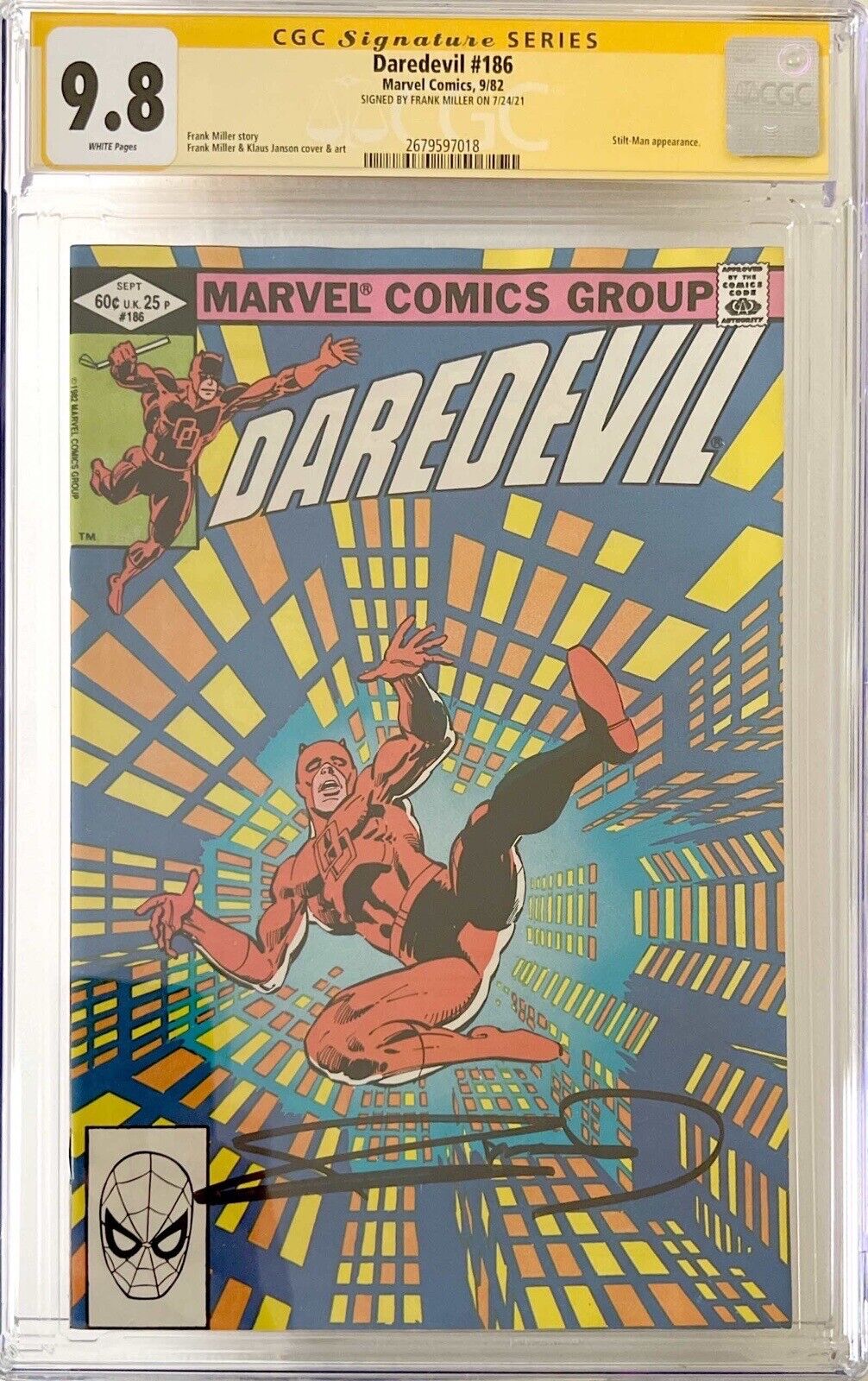 Frank Miller signed Daredevil #186, Marvel Comics 9/82, CGC 9.8