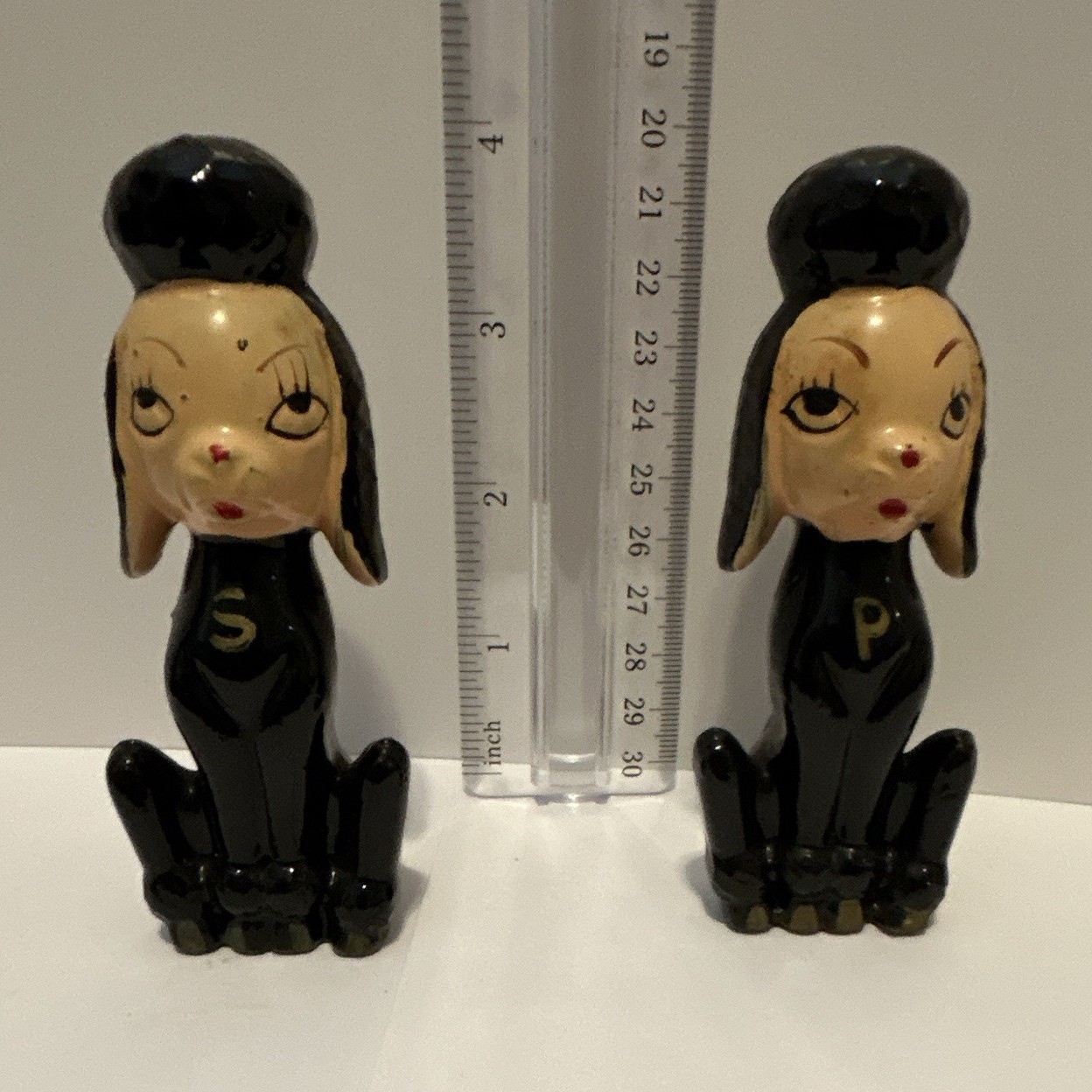 Vintage Japan Ceramic Black Poodle Dog Salt & Pepper Shakers 1950s