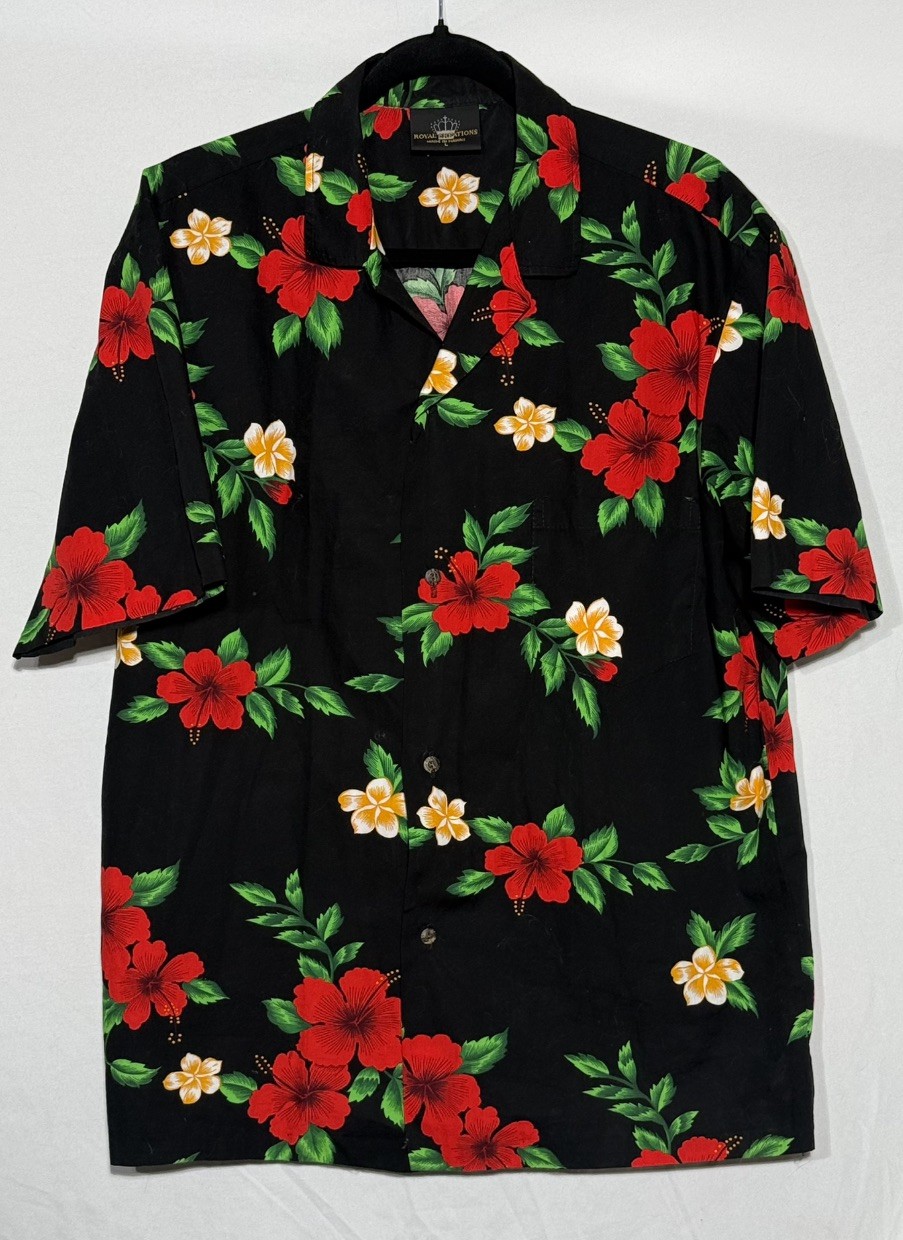 VTG Royal Creations Men\'s Black Hibiscus Hawaiian Shirt Cotton Made in HI Size L
