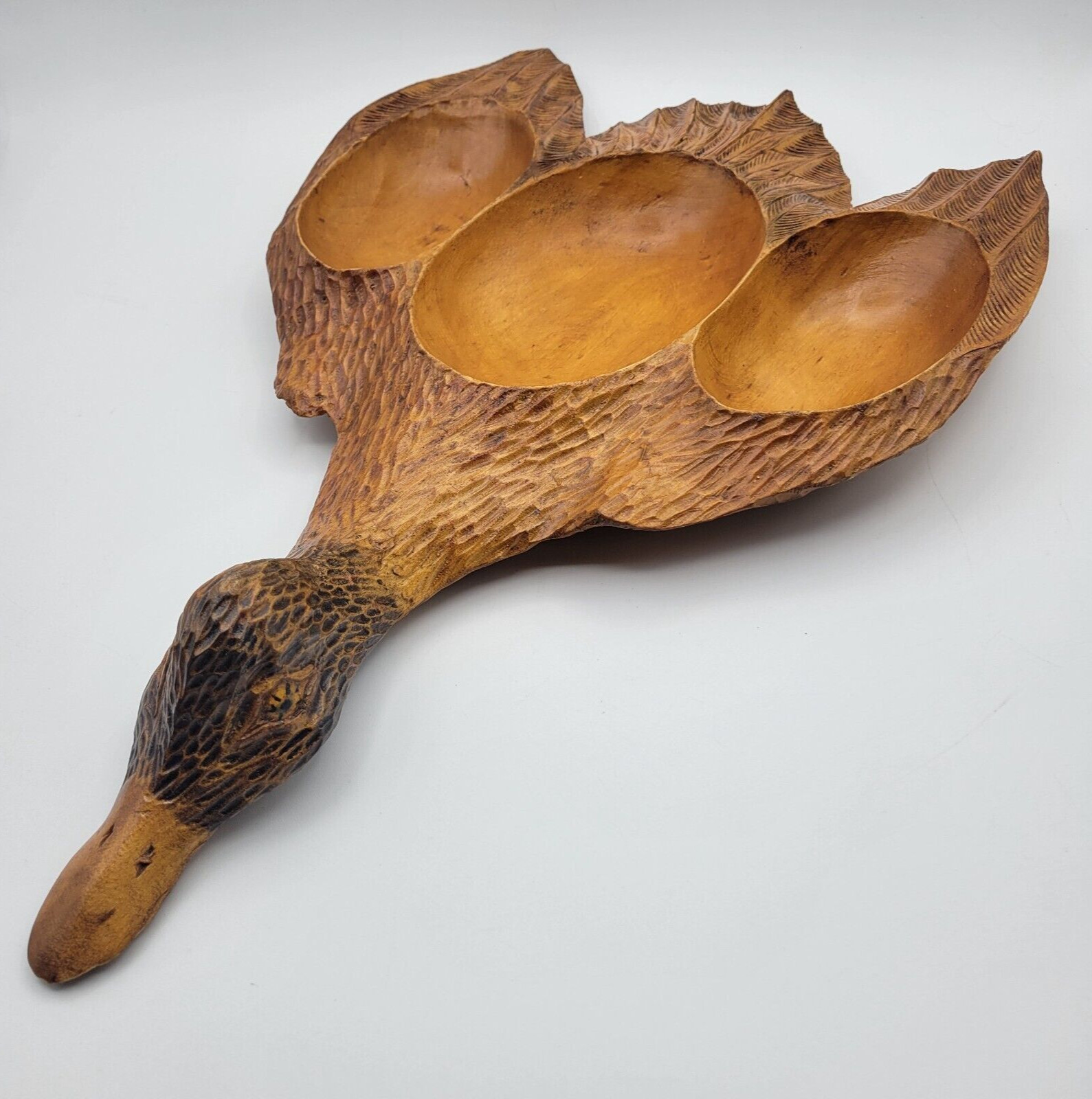 Mallard Duck Fruit Nut Tray Solid Hardwood Hand Carved Artist Signed Vintage