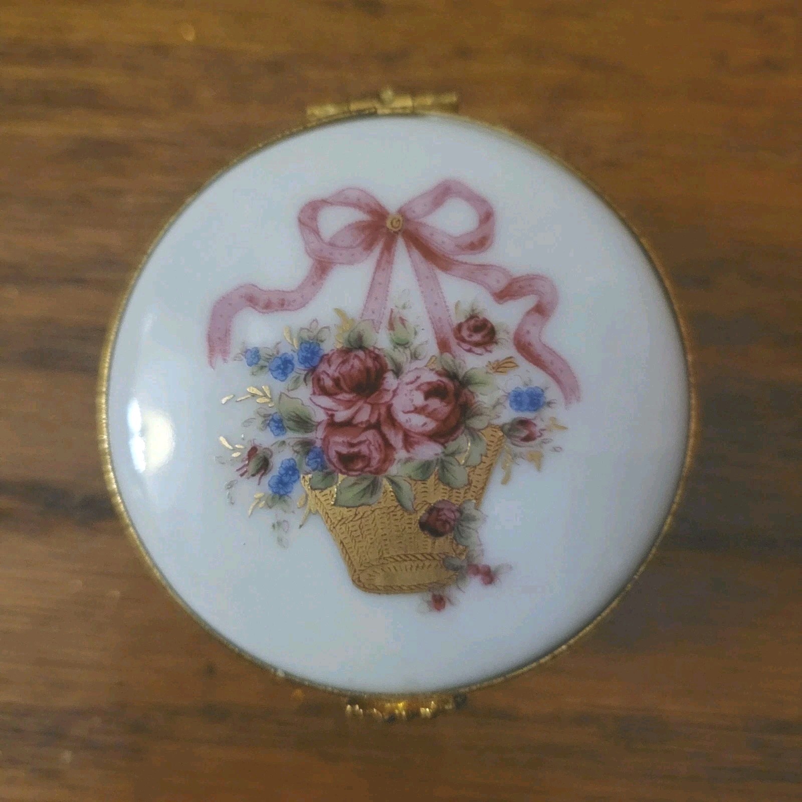VINTAGE Limoges Castel France, Fait Main, Trinket Box, Pink Ribbon-Floral Basket