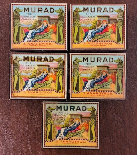 5 VTG 30's / 40's S.ANARGYROS “MURAD THE TURKISH CIGARETTE” ORIG. STAMPED BOXES