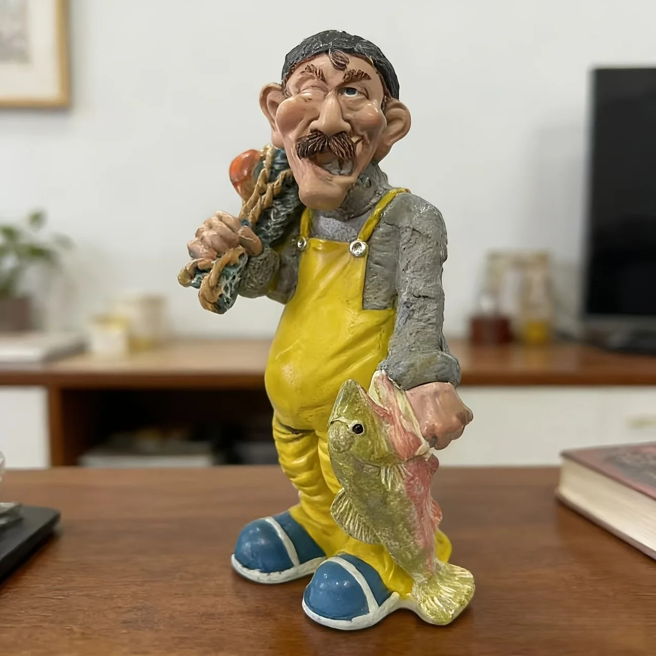 Seaside Fisherman Statue Resin Ornament with Fishing Gear Nautical Decor