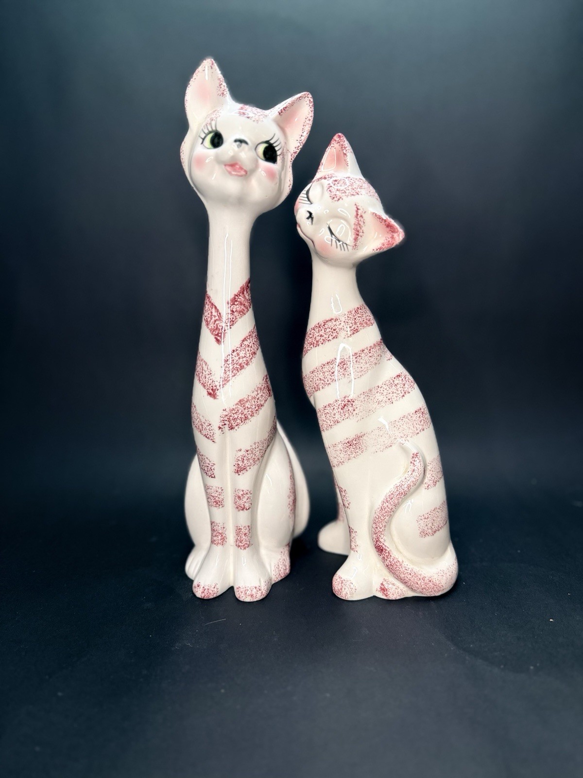 VTG 12” Pair Of Ceramic Tabby Cats Retro Mid Century Cat Lovers Pink Stripes