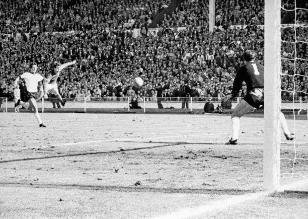 England's Geoff Hurst cracks a shot past German goalkeeper Han- 1966 Old Photo