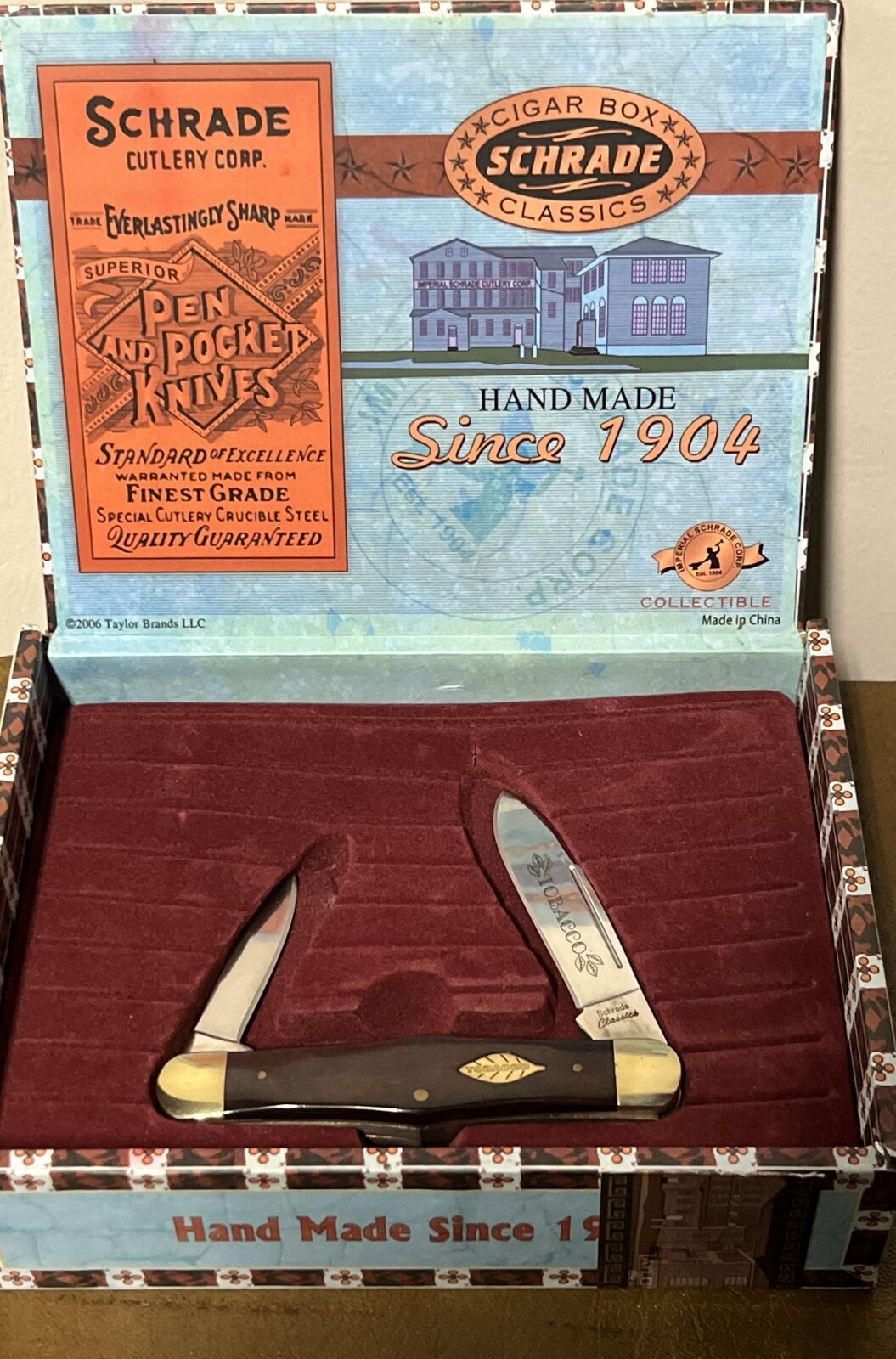 2006 Schrade Classic Folding Pocket Knife Tobacco W/Cigar Box Never Used 2 Blade