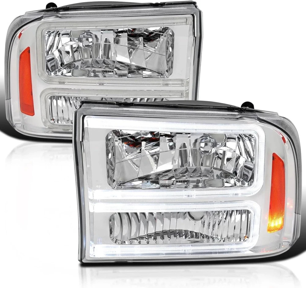 Chrome Headlights with LED Bar Compatible with 1999-2004 Ford F-250, F-350, F-45