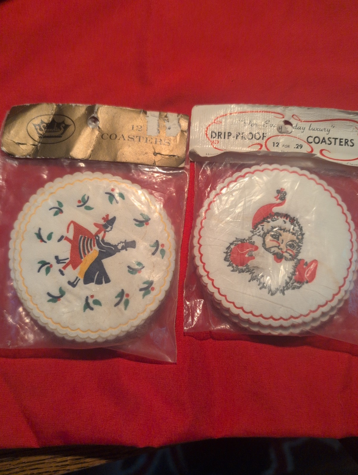 Vtg Set Of Christmas Party Napkin Coasters MCM Paper Drink Packs Kitschy NOS