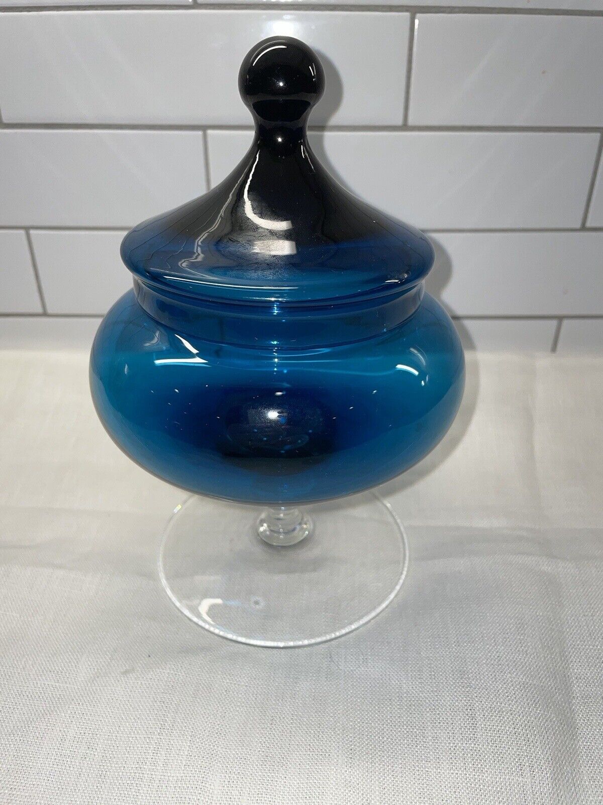 VTG Cobalt Ombré Blue Empoli Art Glass Compote Dish W/Clear Stem & Base Stunning