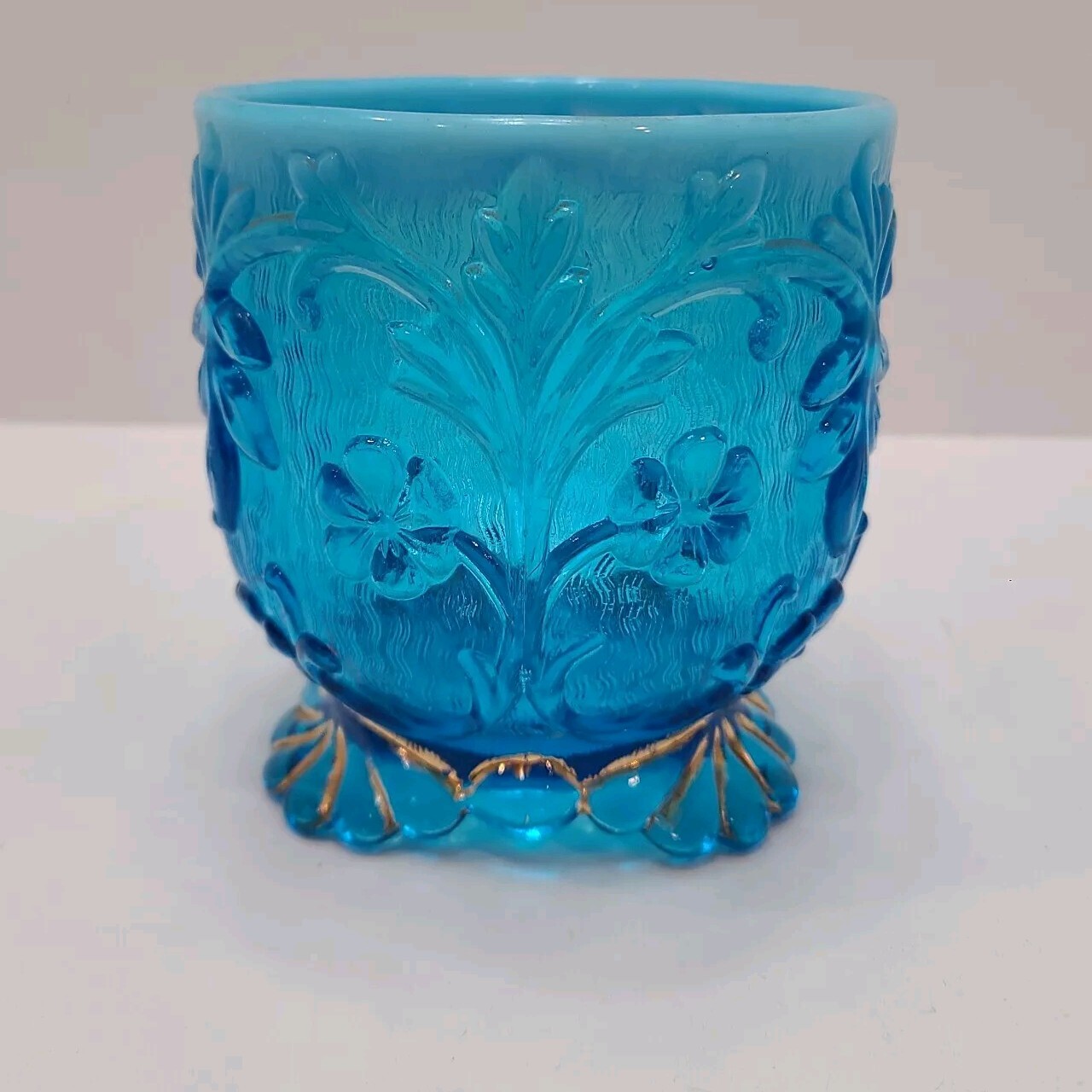 BLUE SPOONER GLASS Vase Beaumont Flora 1899 White Opalescent Rim Gold Accent 