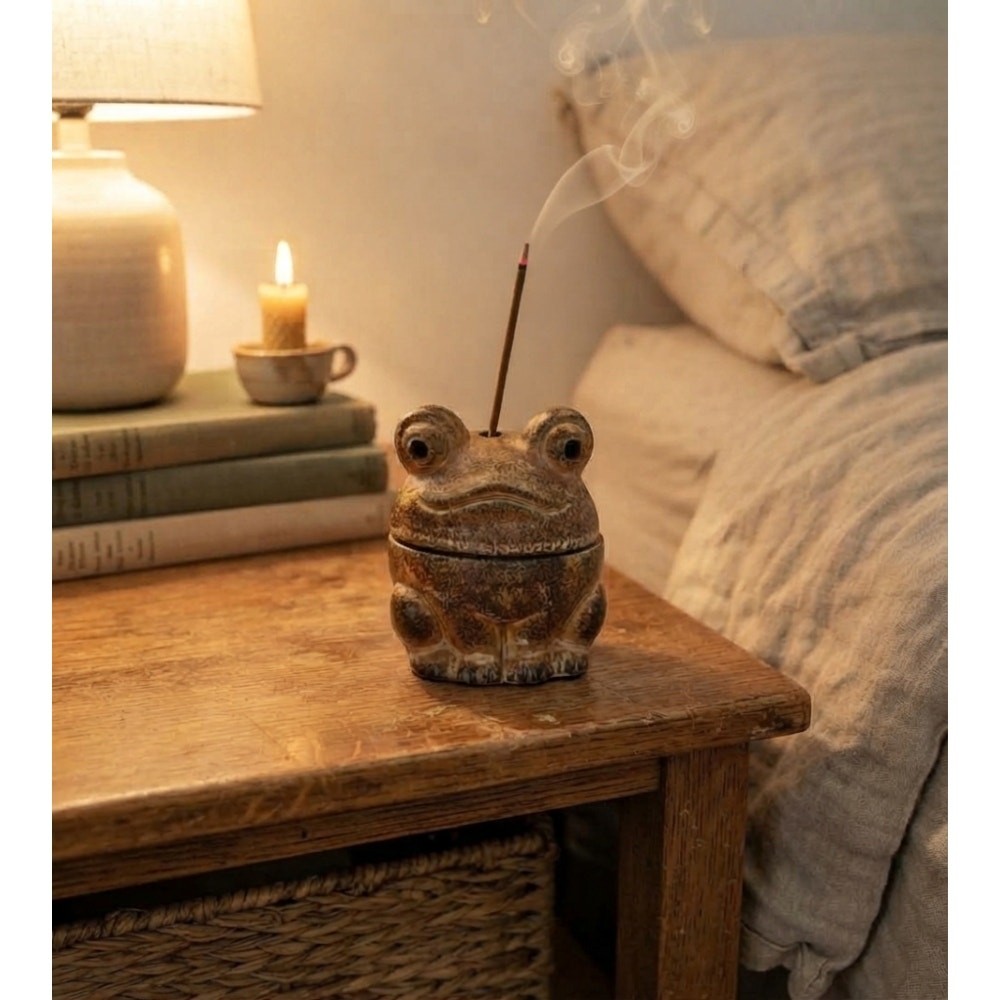 VTG Ceramic Frog Incense Burner Candle Holder Speckled Brown Studio Pottery