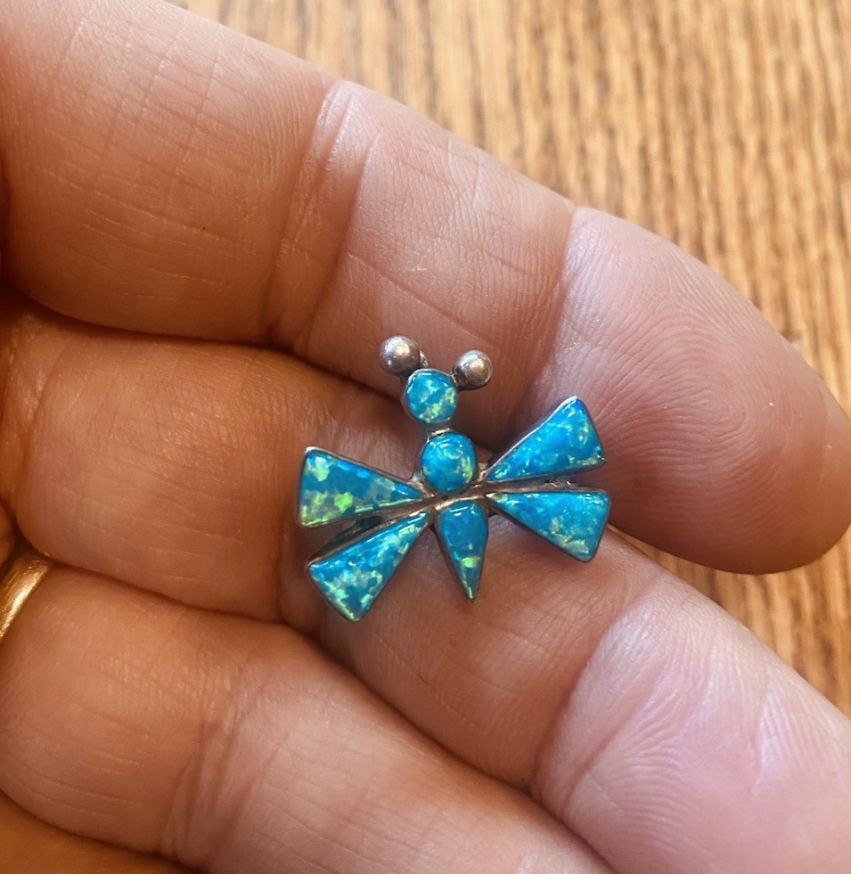 Signed MY Native Zuni Sterling Silver Inlay Blue Green Opal Dragonfly Brooch