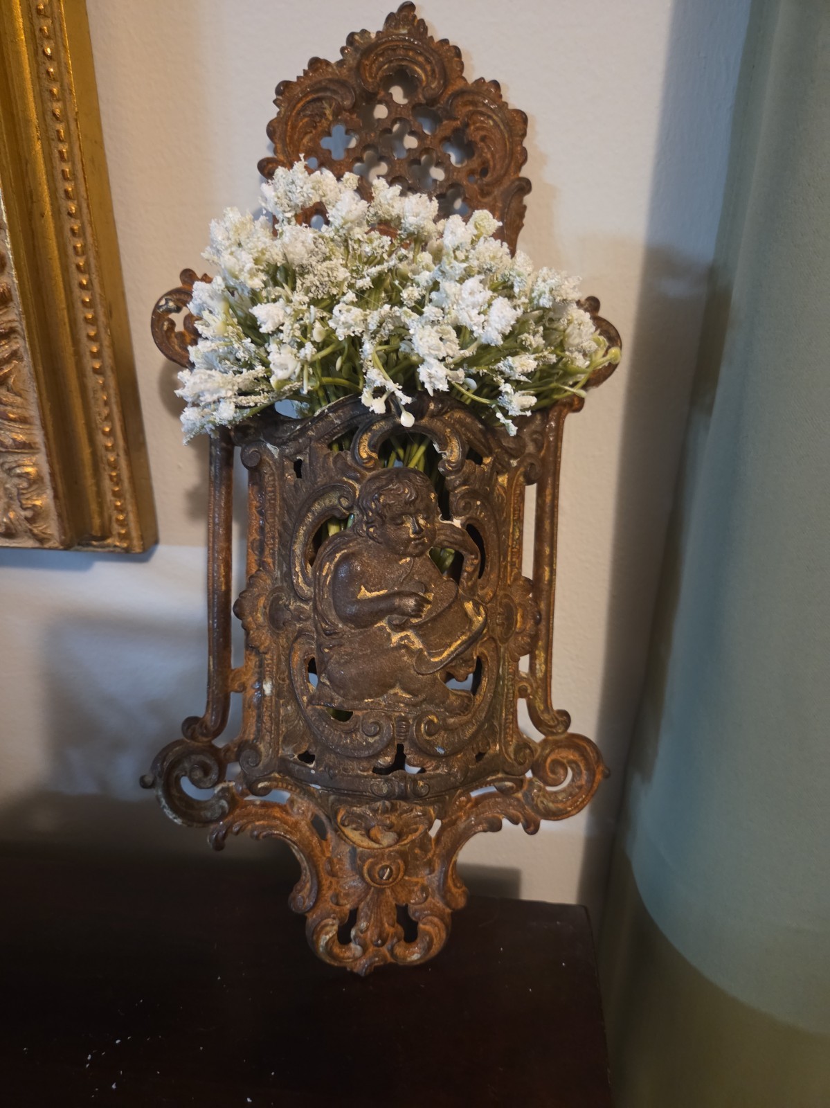 Antique Victorian Cast Iron Wall Match Holder Safe Cherub Putto Ornate Scroll