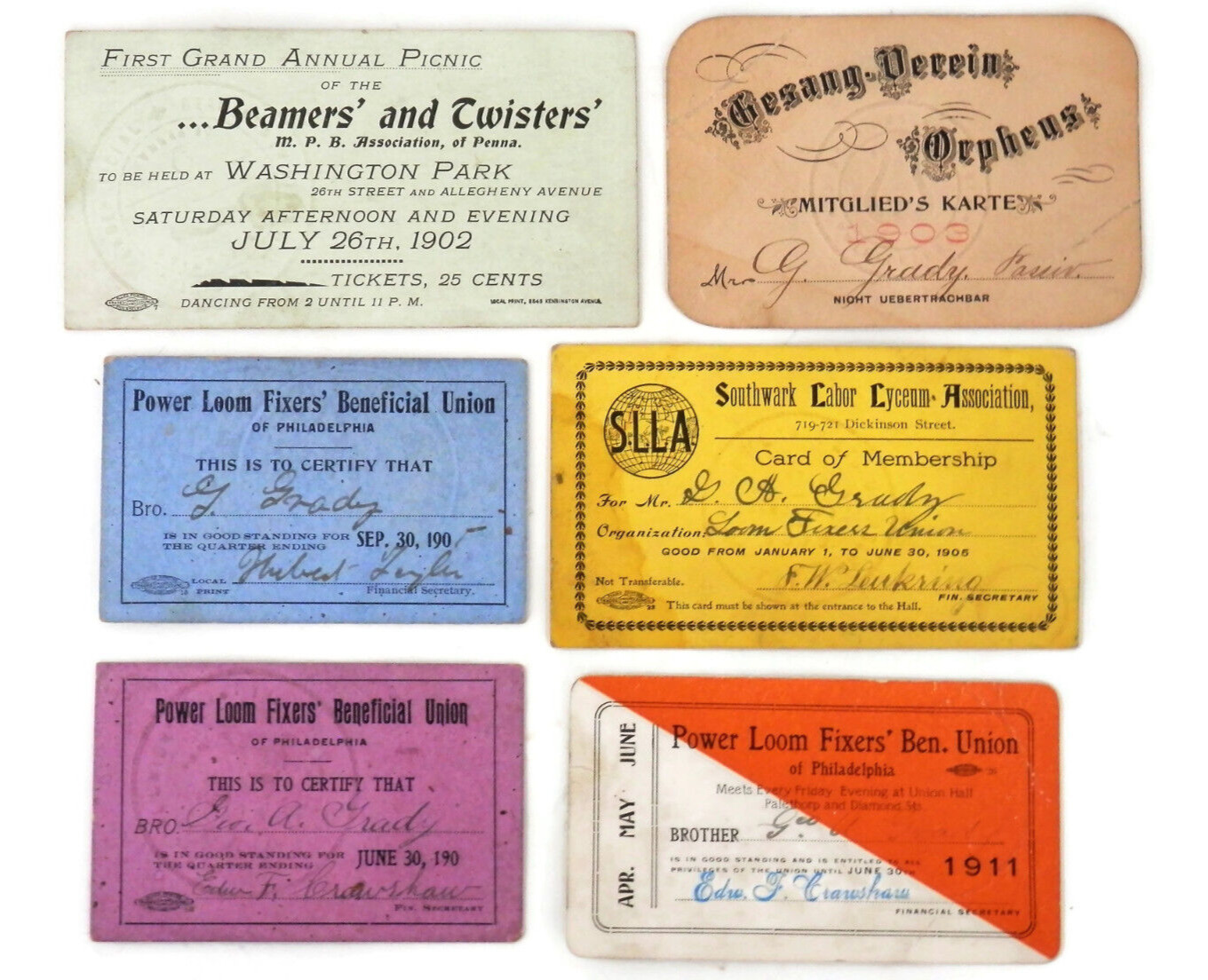 Rare 1900s Group of Power Loom Fixers' Union Membership Cards Philadelphia