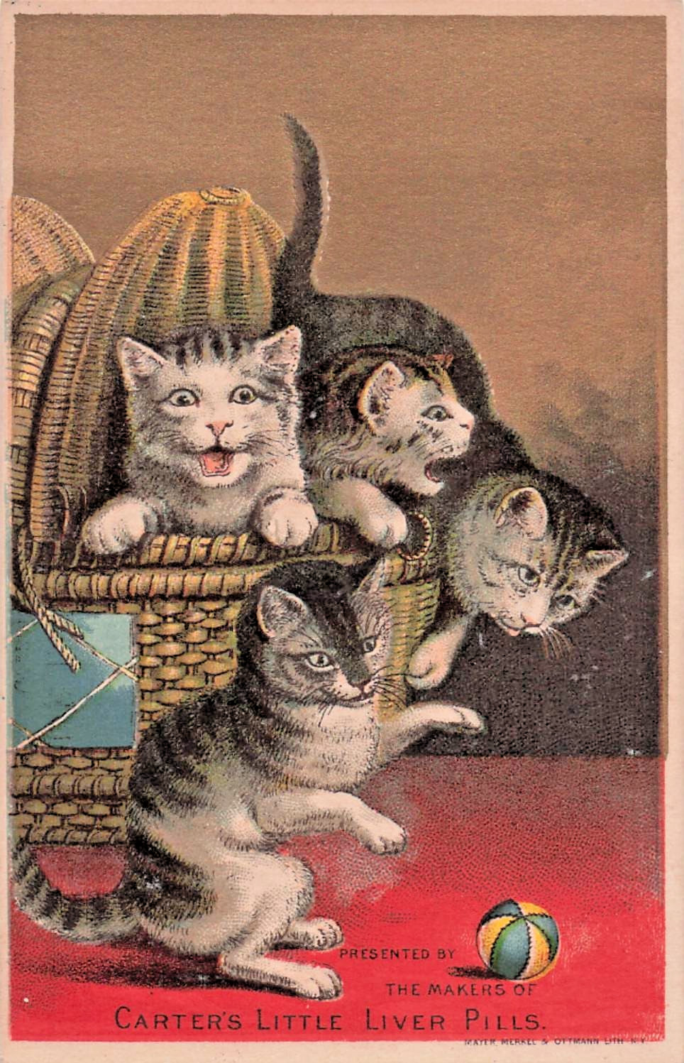1880's Carter's Little Liver Pills Trade Card Kittens Cats Playing Ball