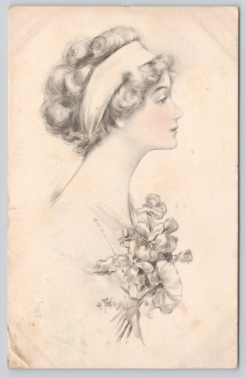 Art Nouveau Lady Profile Postcard Schlesinger Bros  Signed A. Toniolo 1911 IL