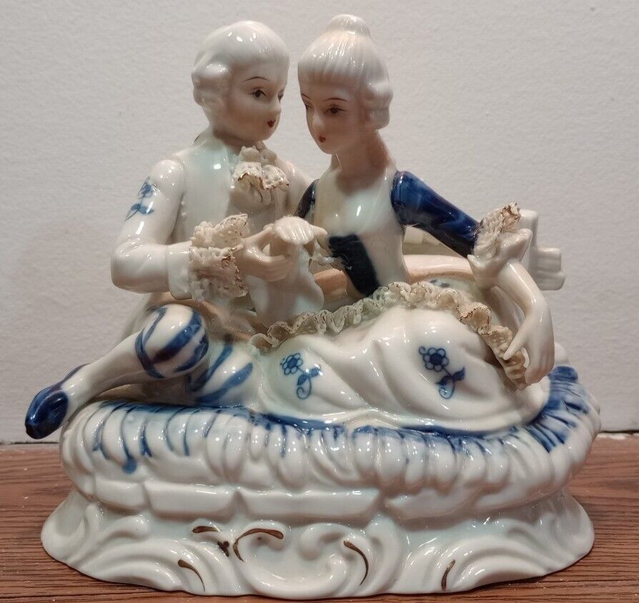 Victorian Blue & White Porcelain Figures Enjoying Spring - Lace - Porcelain Vtg