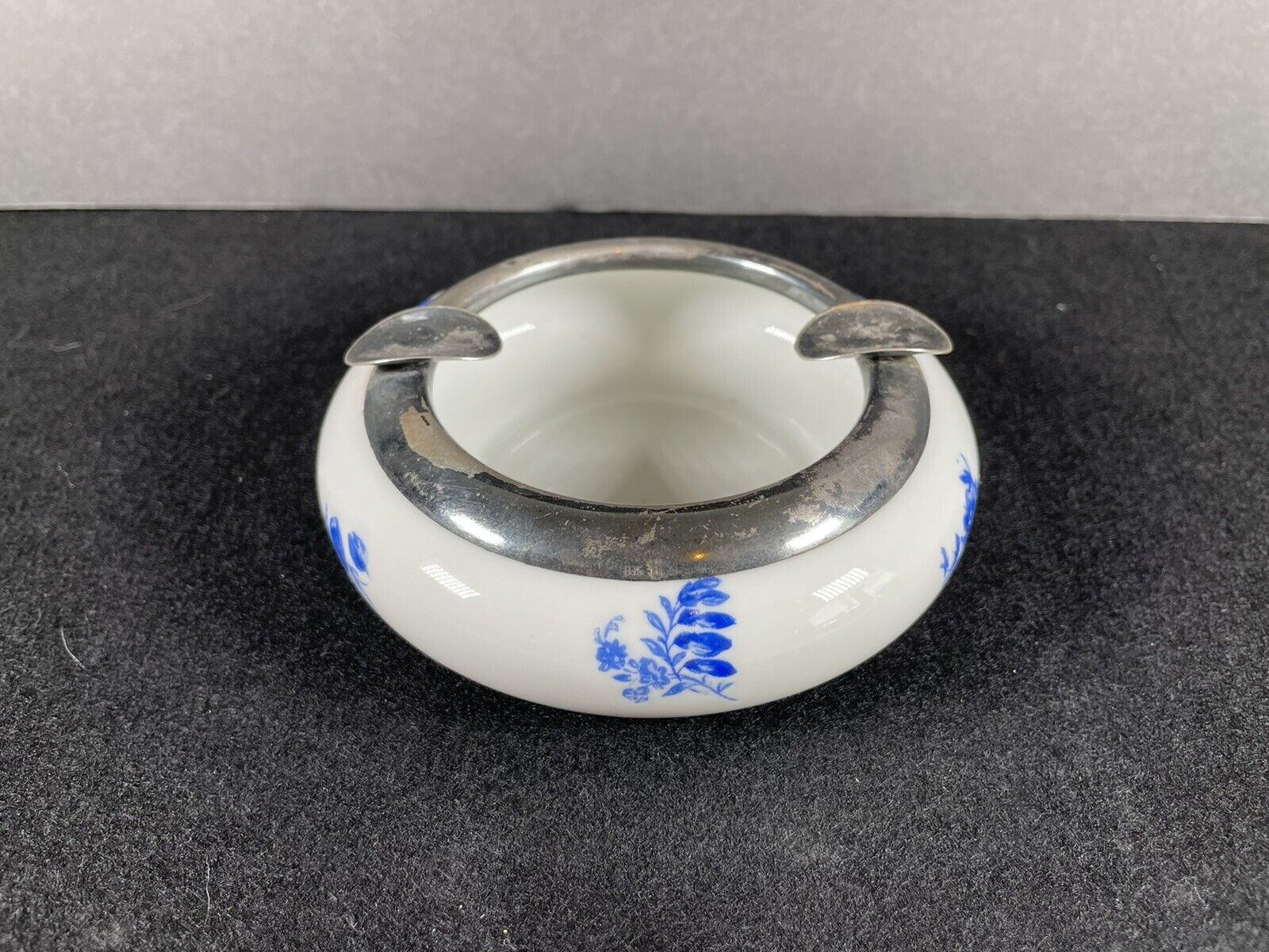 Vintage Thomas Germany Ashtray White With Blue Florals Silver Color Rim