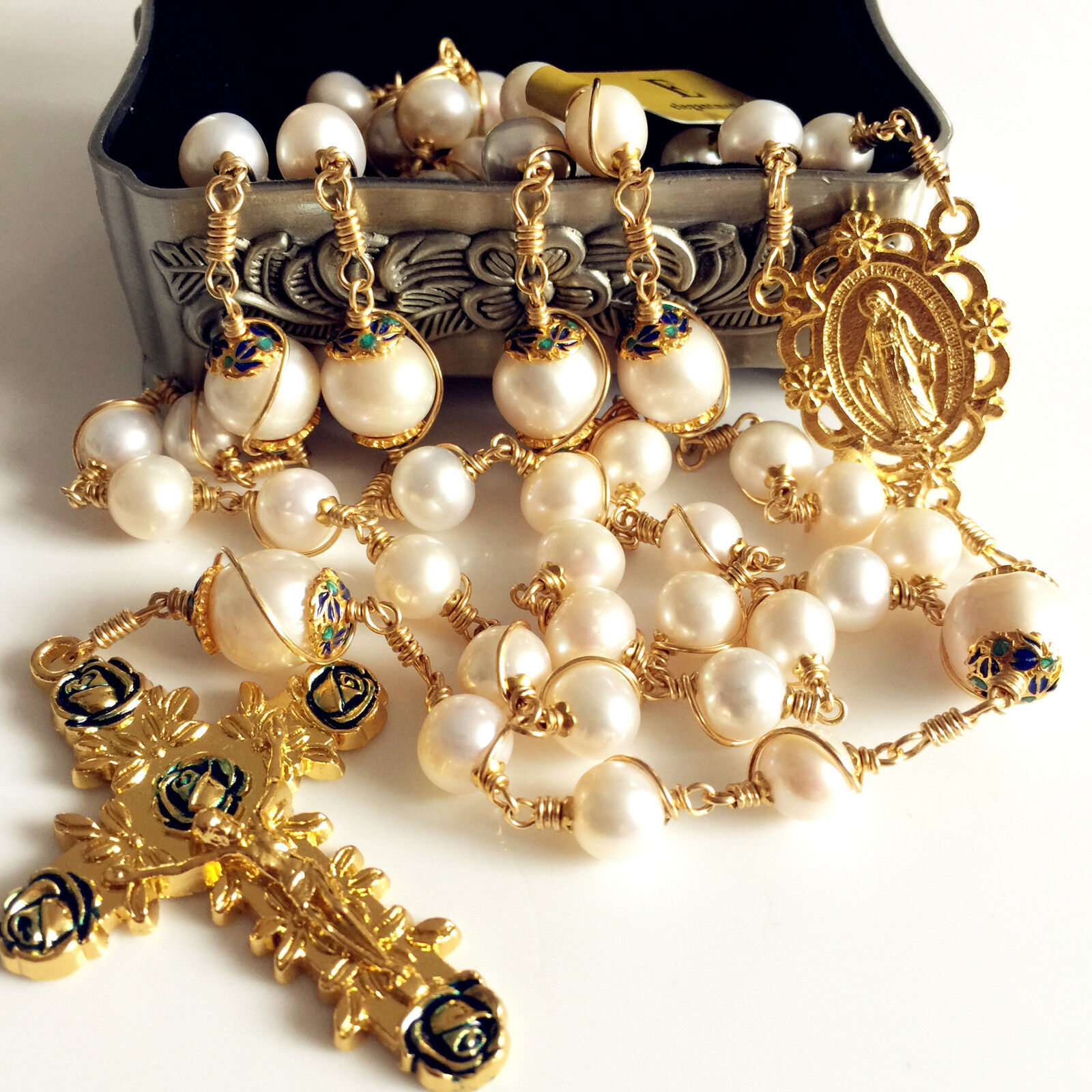 Gold Wire Wrap Bead AAA+ White Real Pearl Catholic Rosary Necklace Cross Box