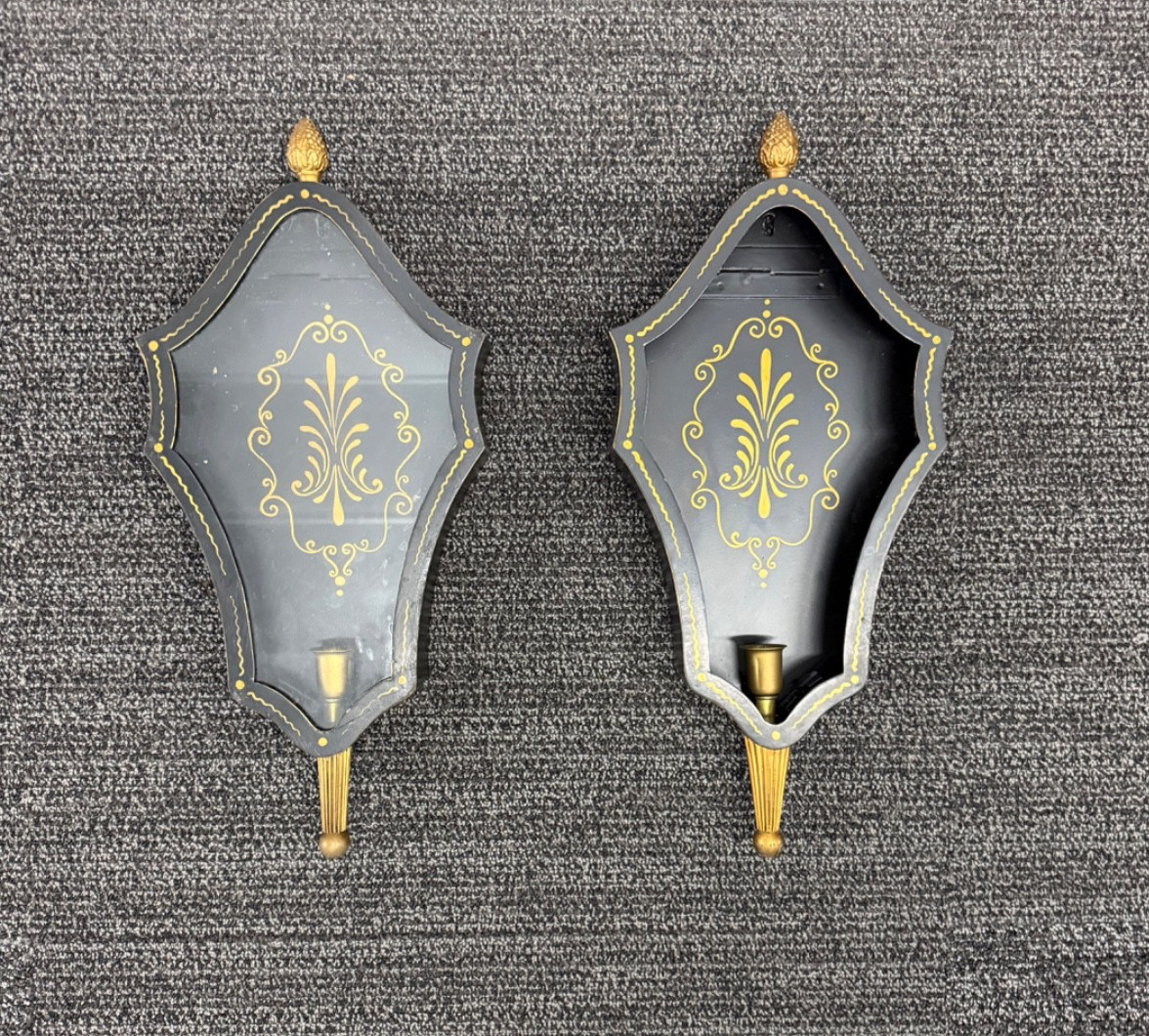 Pair Vtg Italian Metal Toleware Wall Sconce Candleholders Pair 16x10”- NO TARIFF