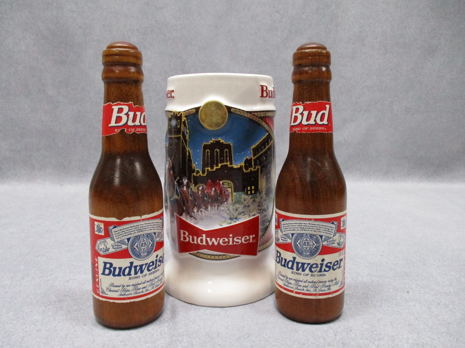 Budweiser Brewery Lights 41st Anniversary Mug & Wooden Salt Pepper Shakers Set