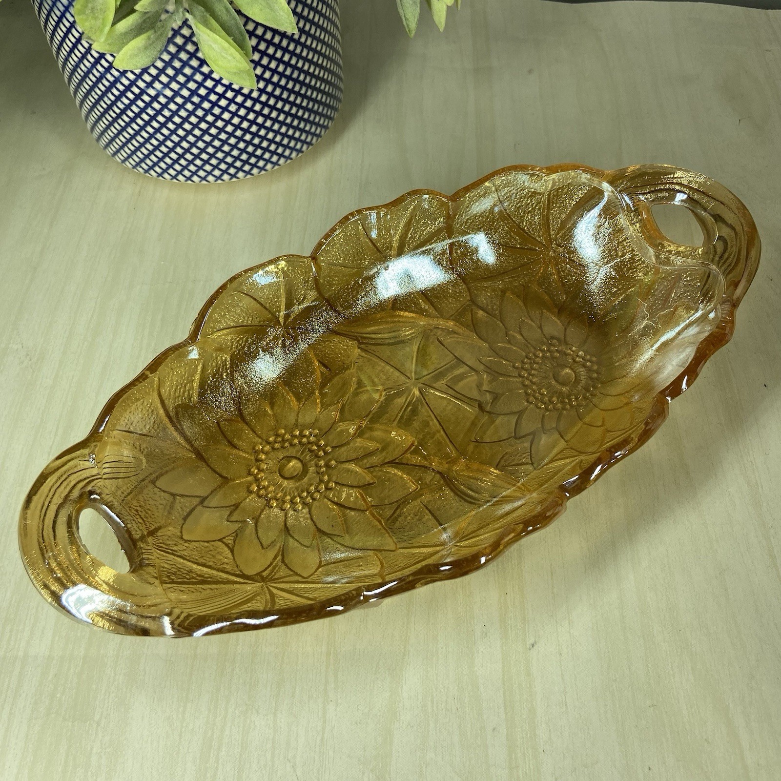 Vtg Indiana Glass Company Marigold Oval Carnival Glass Lily Pons Relish Pickle