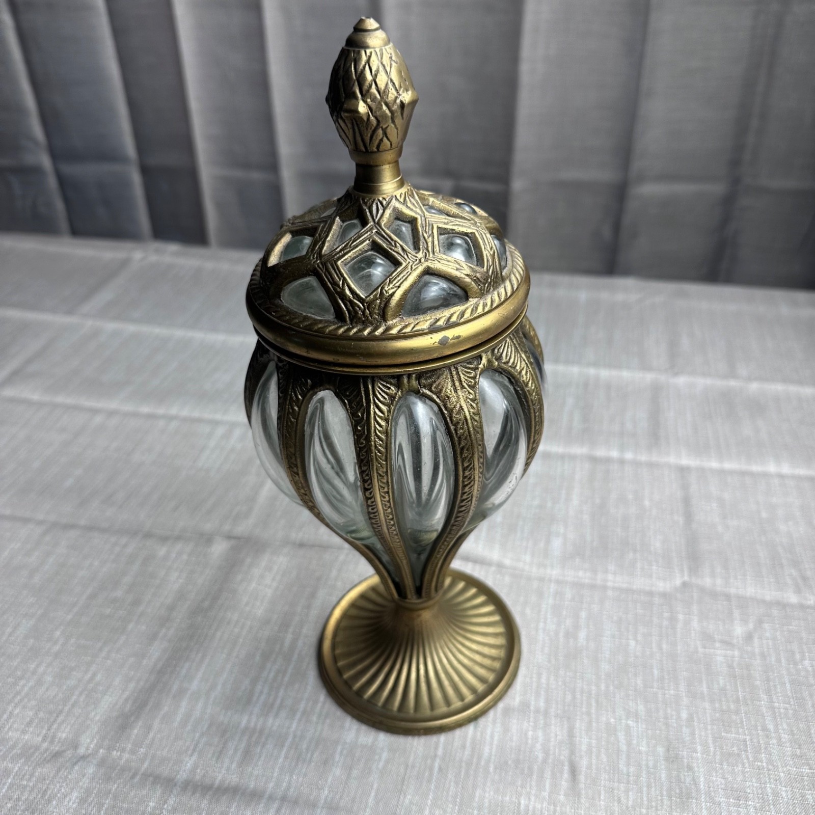 VTG Baroque Brass & Hand Blown Bubble Glass Lidded Dome Caged Apothecary Jar