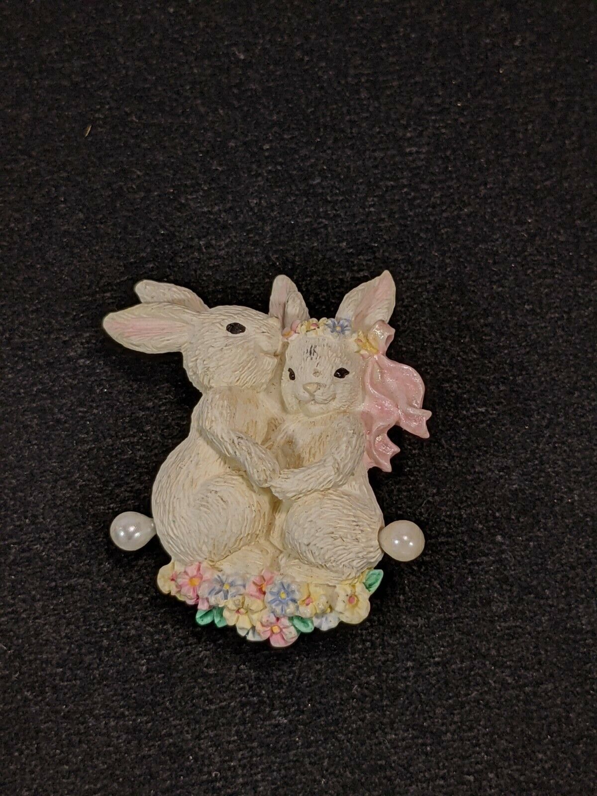 Resin White Easter Bunny Pastel Flower Faux Pearl Pin 11496