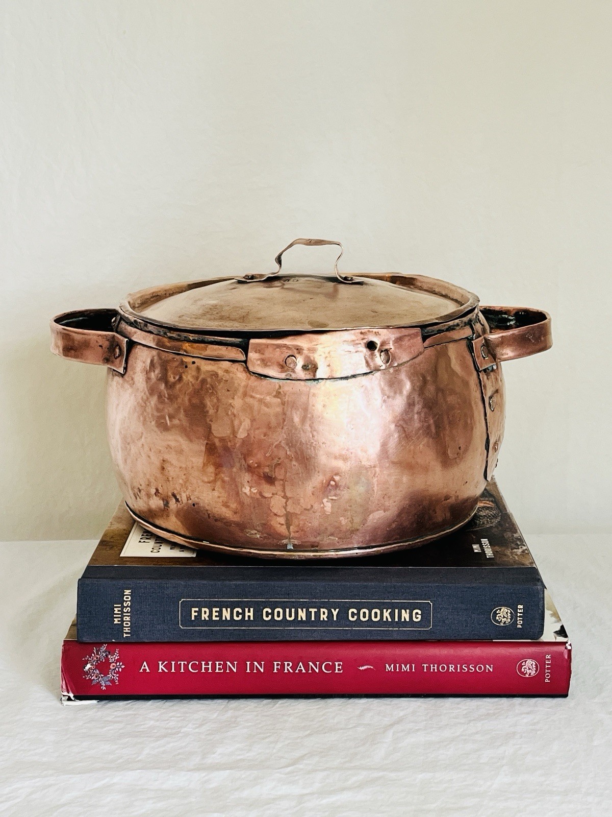 Antique Rustic Hand Hammered Copper Pot with Lid and Handles