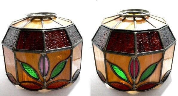 Vintage Leaded Stained Glass Slag Glass Hanging Lamp Shade 10\