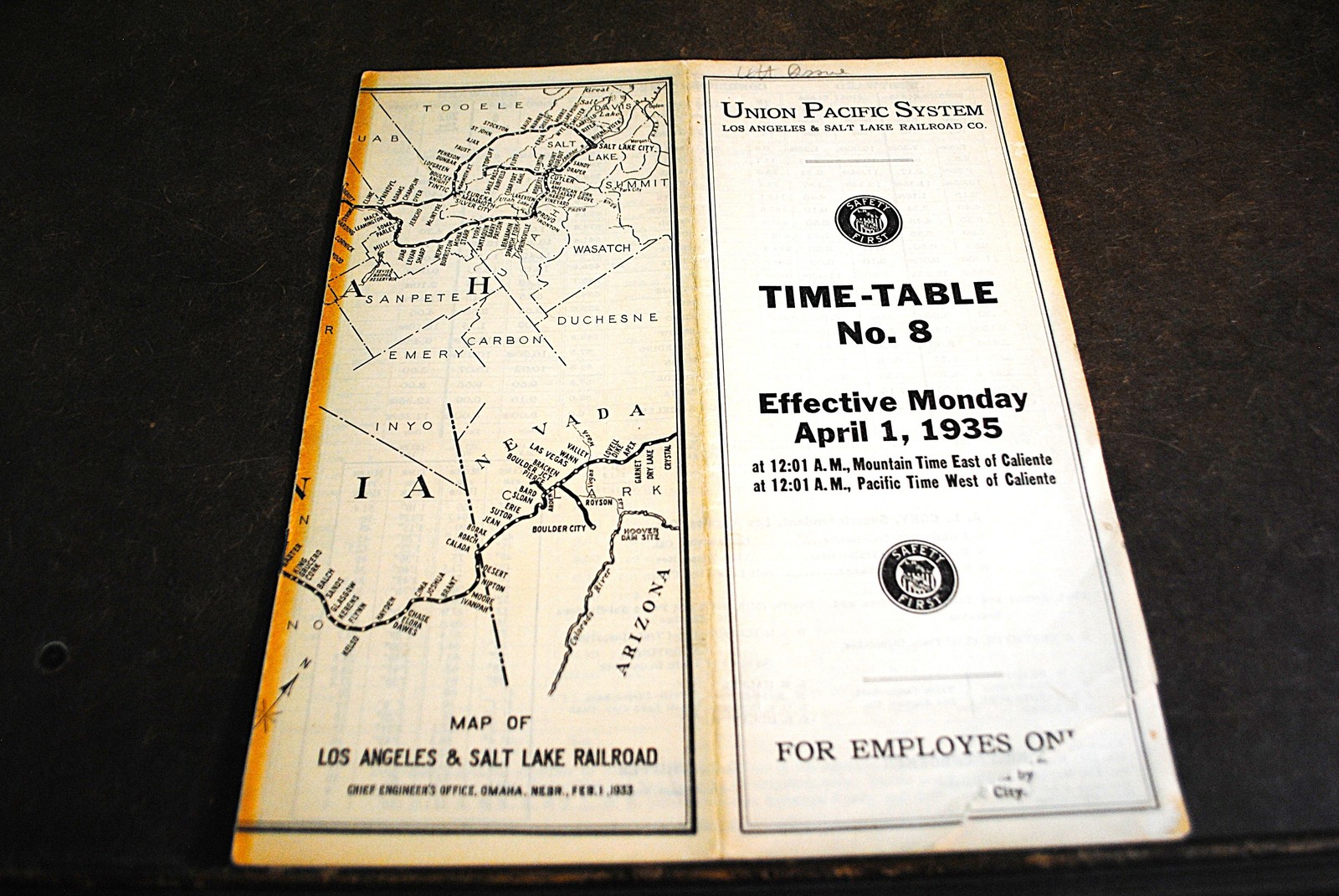 April, 1935 Los Angeles & Salt Lake Railroad ETT#8 W/Map April, 1935 Los Angeles & Salt Lake Railroad ETT#8 W/Map