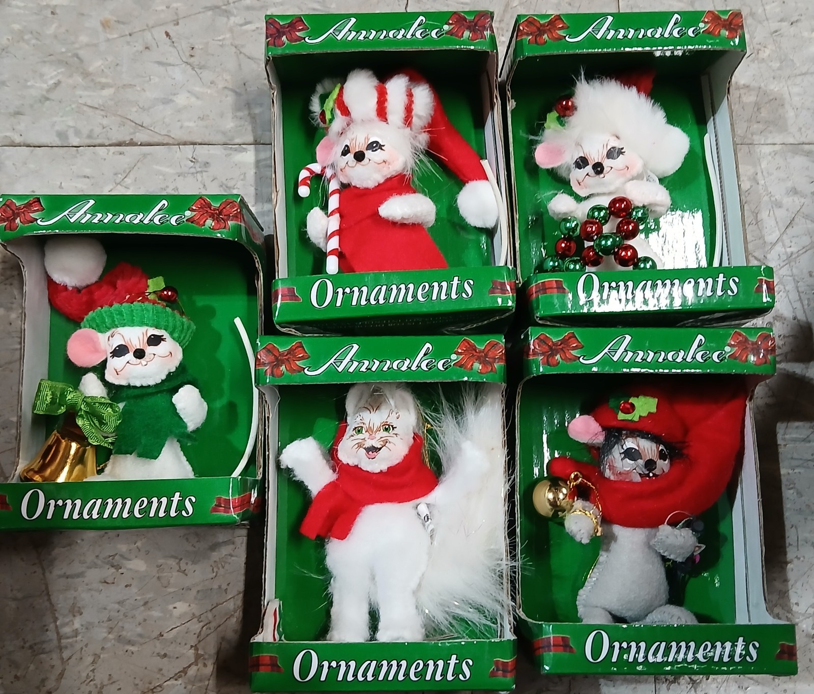 Lot of 5 Boxed Annalee Mobilitee Doll Mouse Mice Elf Christmas Tree Ornaments