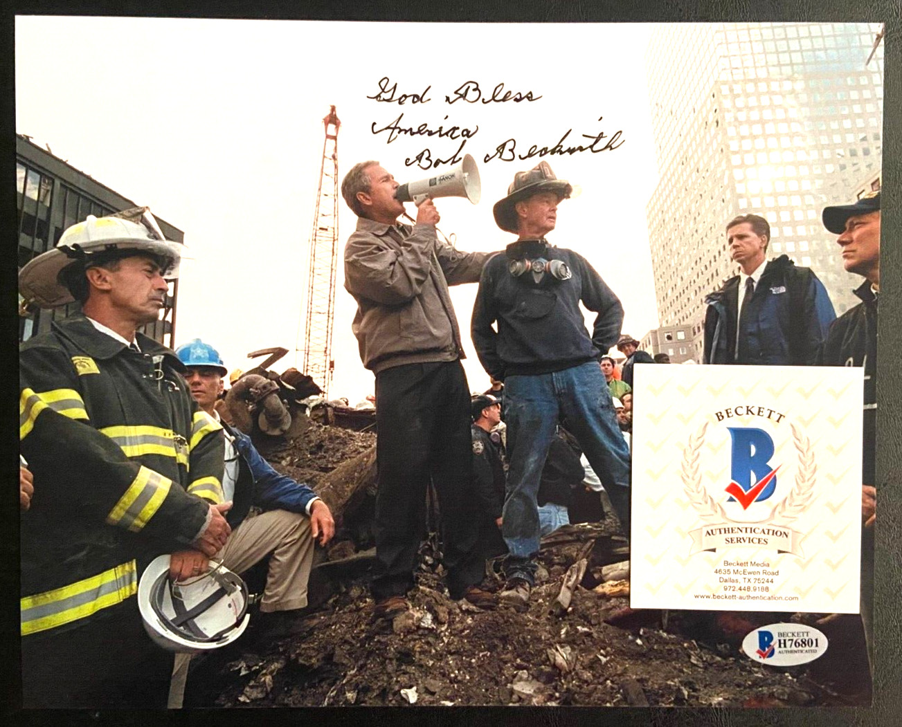 BOB BECKWITH SIGNED 8X10 PHOTO 2001 9/11 GROUND ZERO FIREFIGHTER GEORGE BUSH BAS