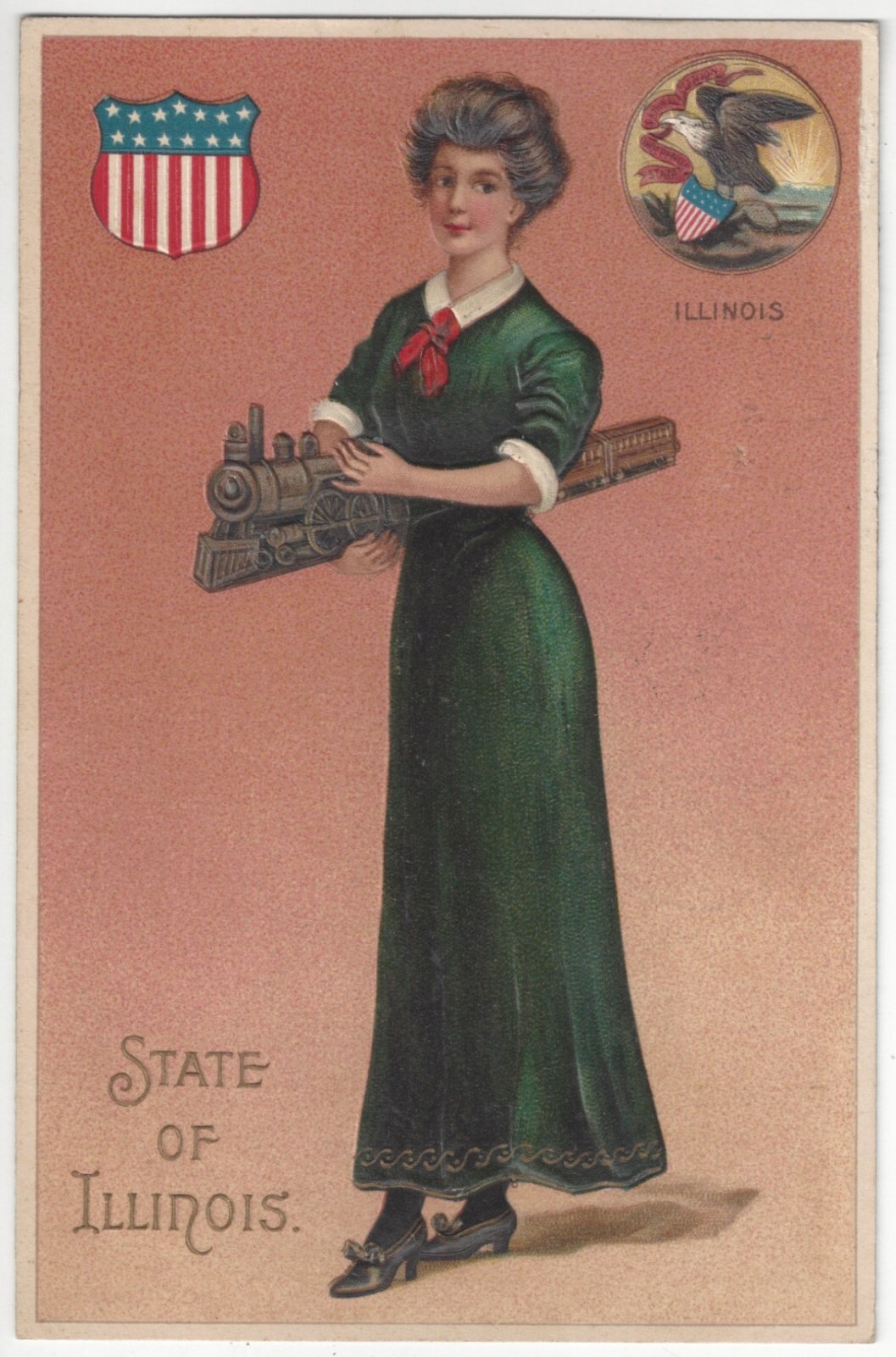 1908 State Girl from Illinois Holds Railroad Train - Patriotic Glamour Girl