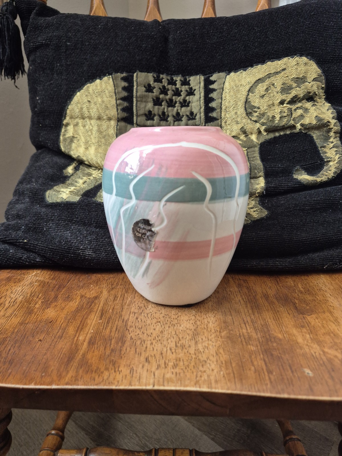 Ceramic Vase Pastel Pink/Green/White Hand Brushed Etched Lines Maurice of CA 80s