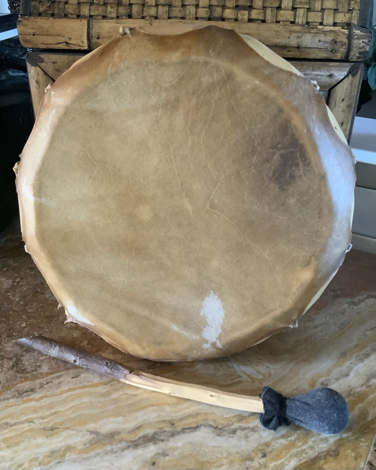 Native American Style 12” Single-Sided HAND DRUM Plain Rawhide Head & Beater