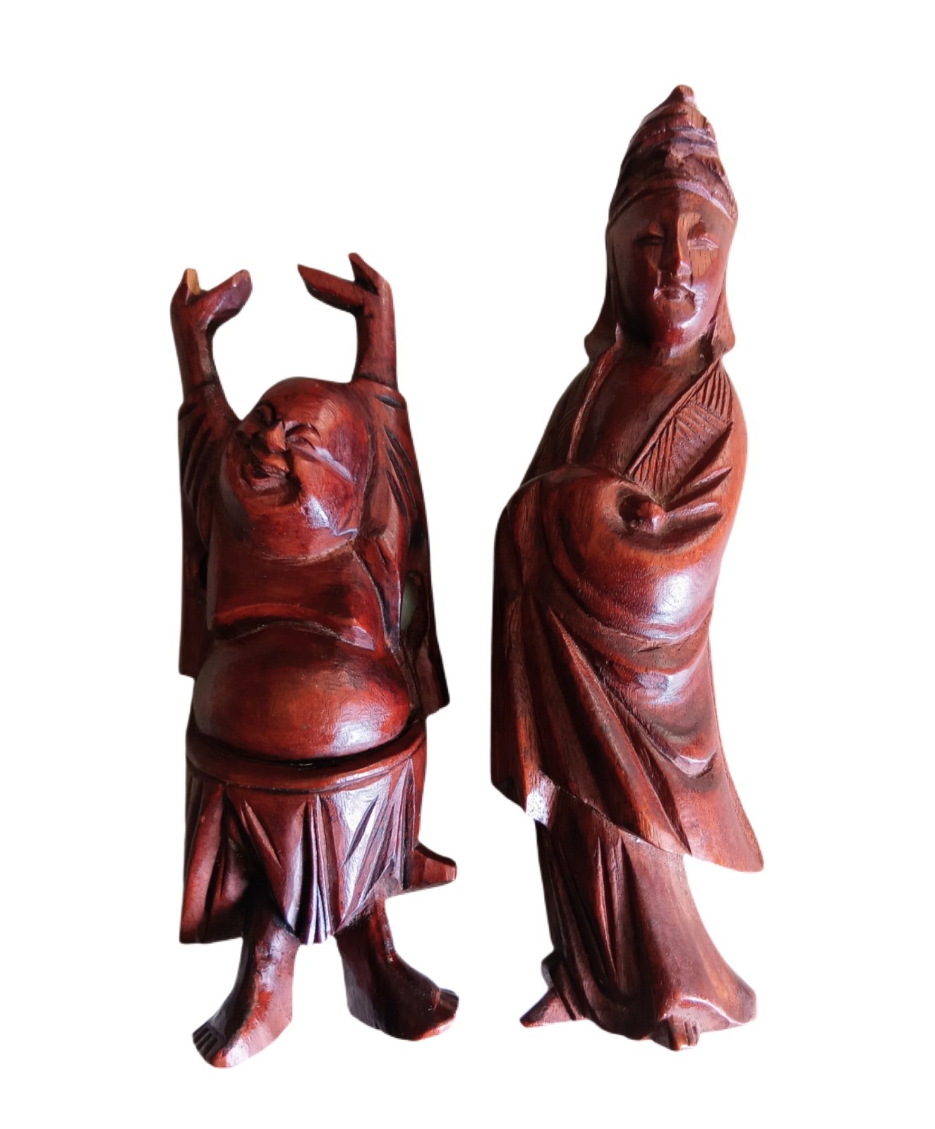 Hand Carved Wooden Buddha & Guanyin Style Figurines Asian Folk Art Pair 4-4.5\