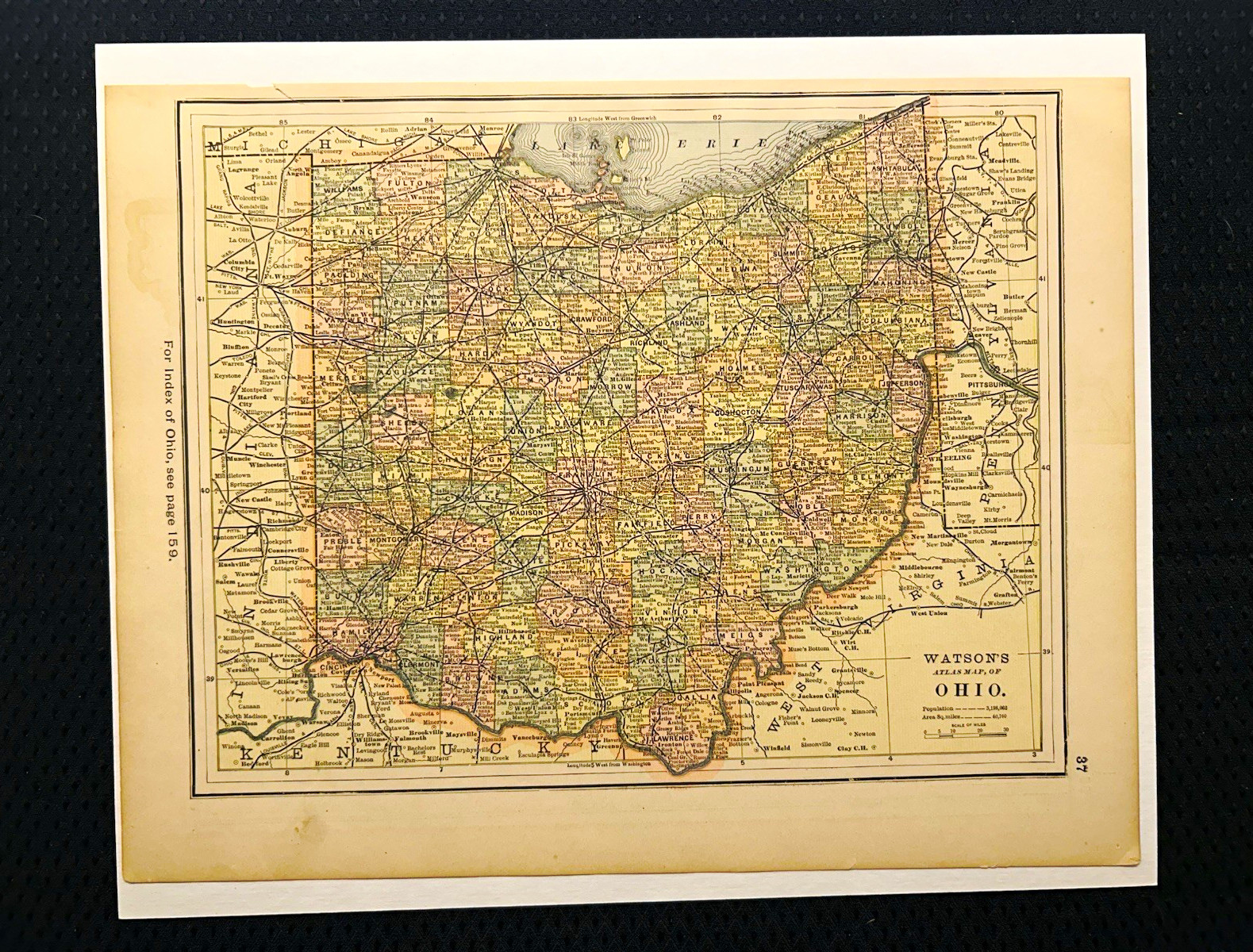 1885 Watson’s Antique Map Ohio Indiana Double Sided Original Atlas Leaf Gaylord