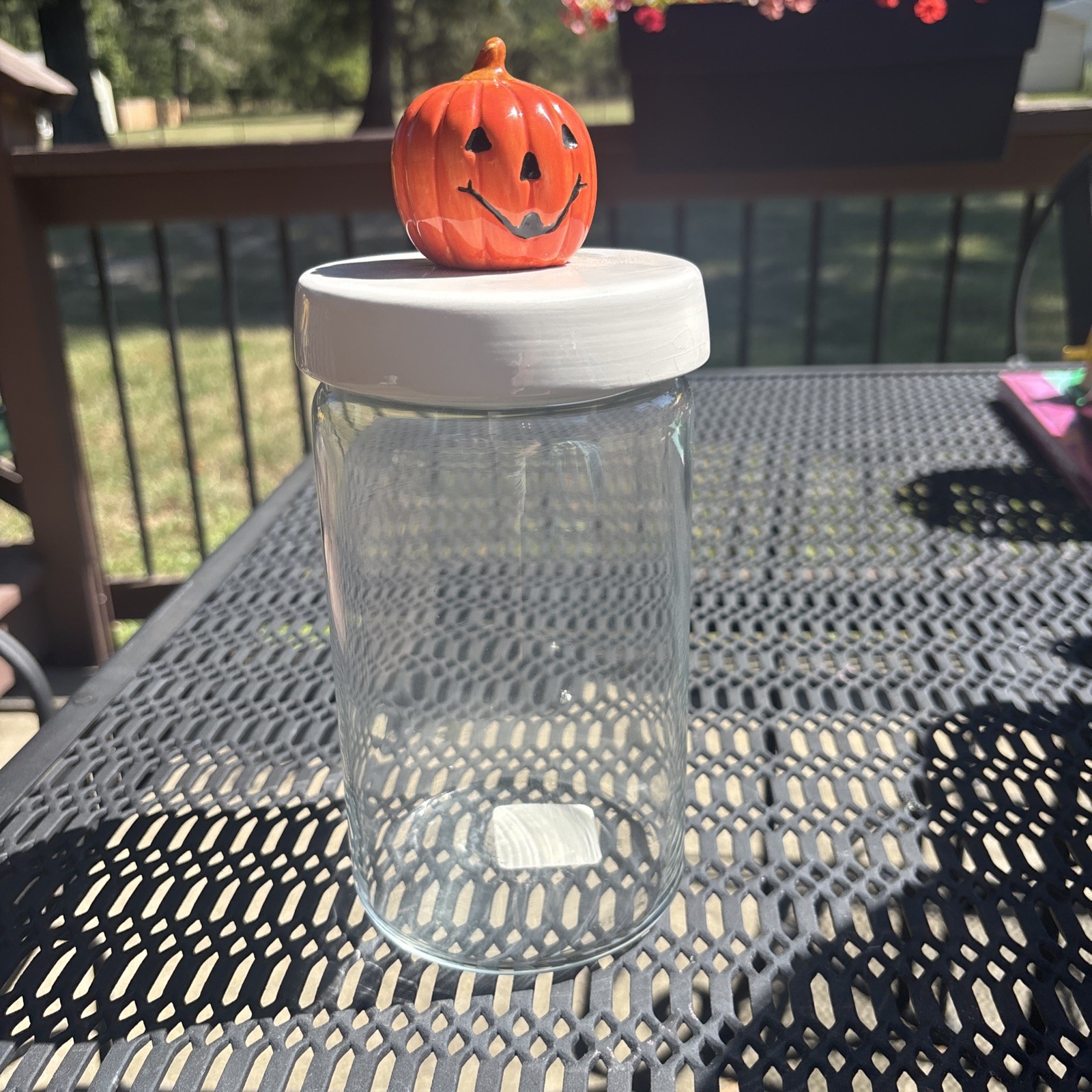 Vtg 90’s Anchor Hocking Glass Canister with Pumpkin Head Topper Halloween
