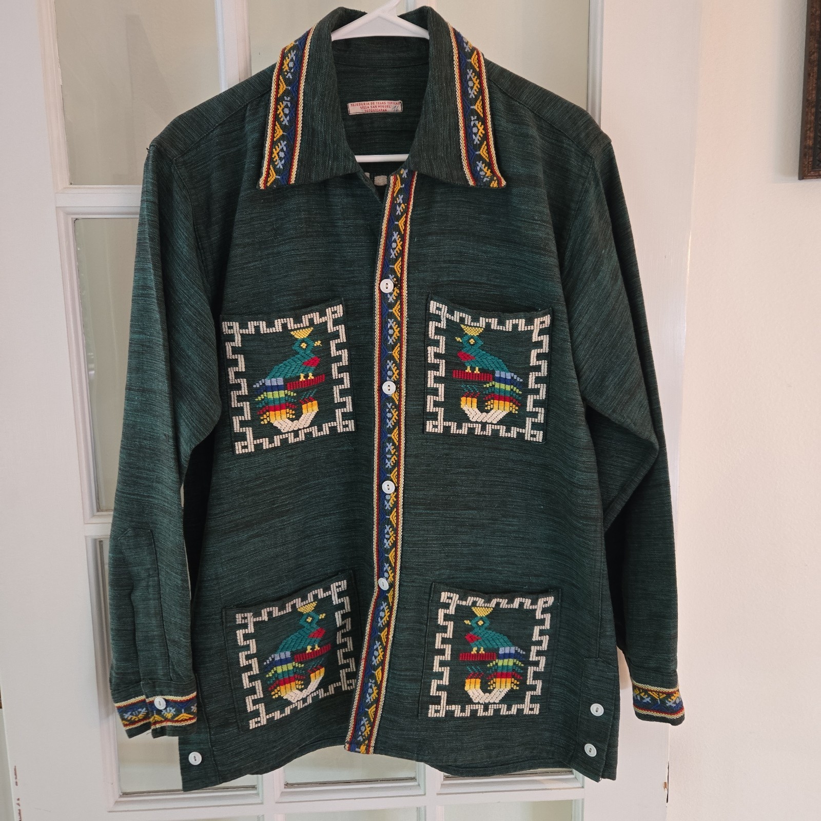 Guatemalan VTG 70s Handwoven Shirt Jacket Boho Embroidered Quetzal Bird Folk Art