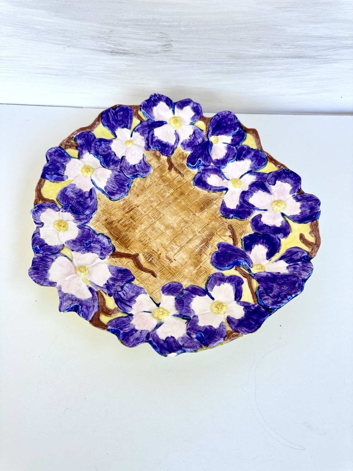 RARE FIND Ceramic Plate, Hand Painted Floral w Embossed Flowers Signed 12”