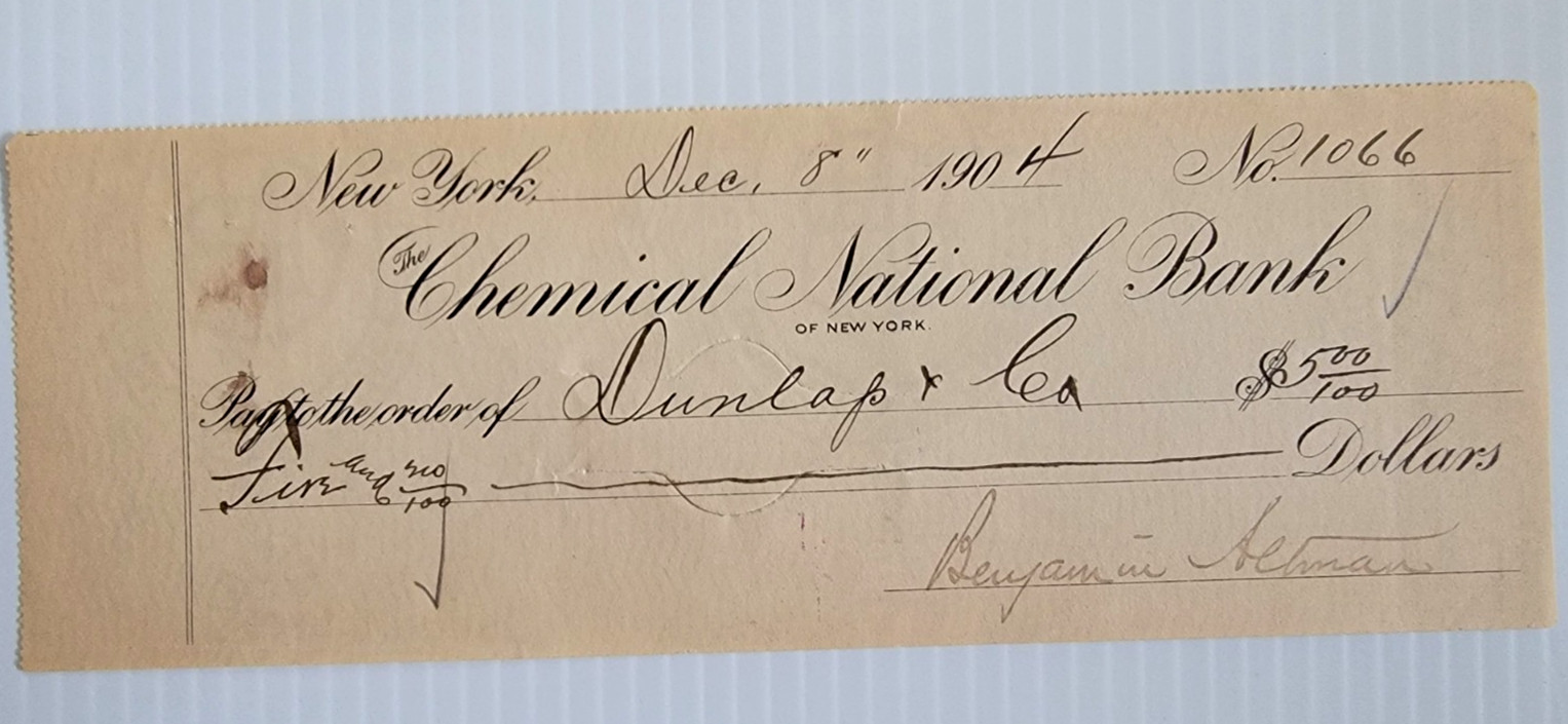 Benjamin Altman Signed Check Autograph B. Altman Department Stores 1904