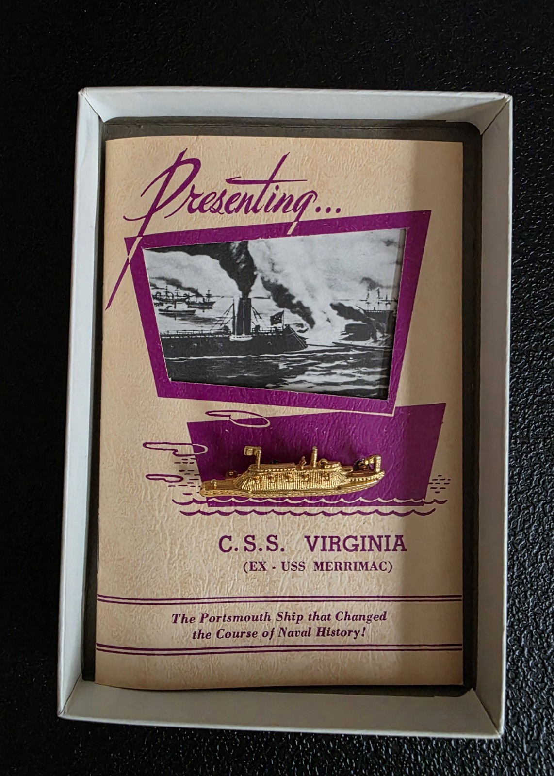 Vtg C.S.S. Virginia Pin (Ex-USS Merrimac) 22KT Gold Plated Replica Ship IOB