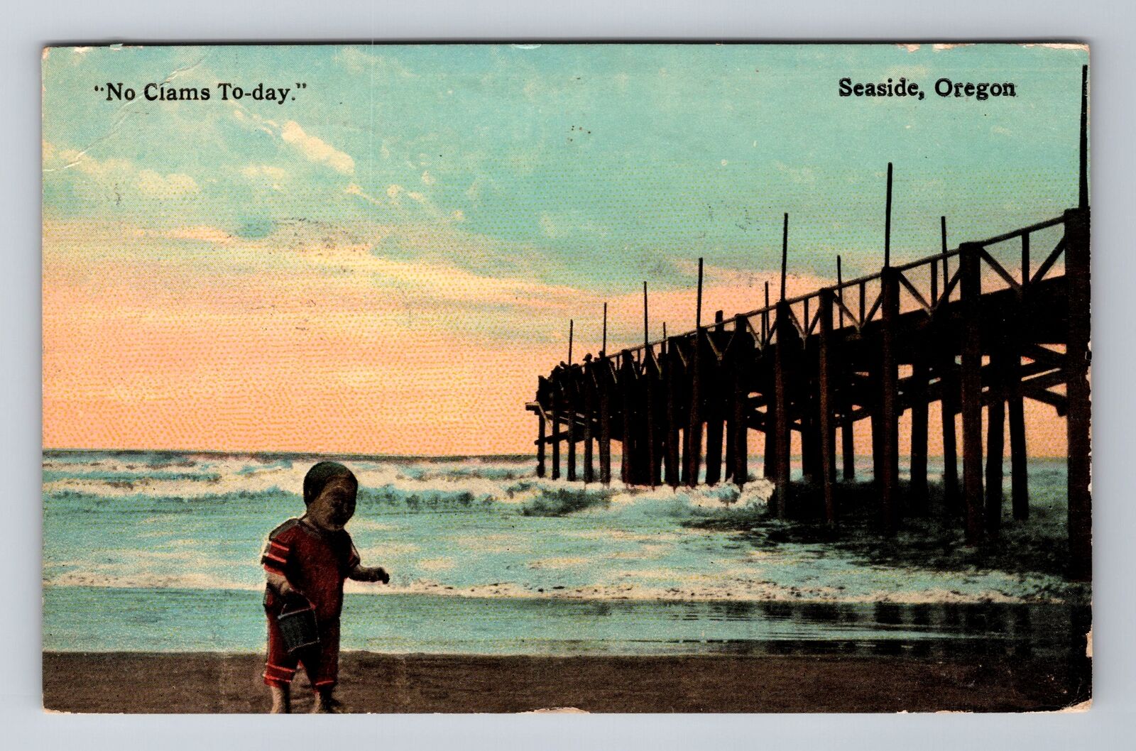 Seaside OR-Oregon, No Clams Today, Beach, Antique, Vintage c1914 Postcard