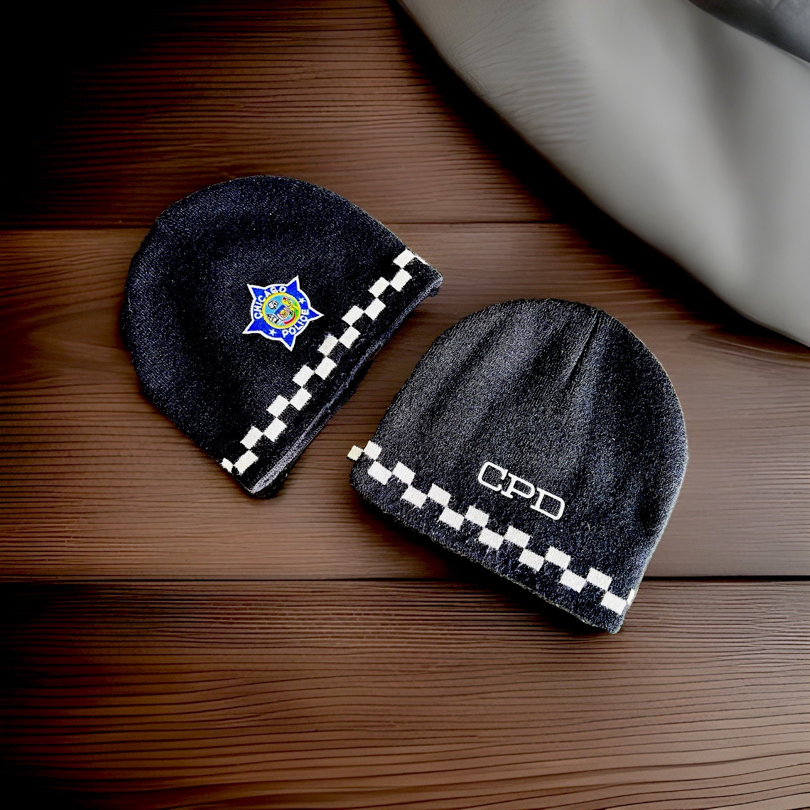 CPD Chicago Police Dept 2-Pack Knit Beanie Caps Blue/Black Checkered Trim