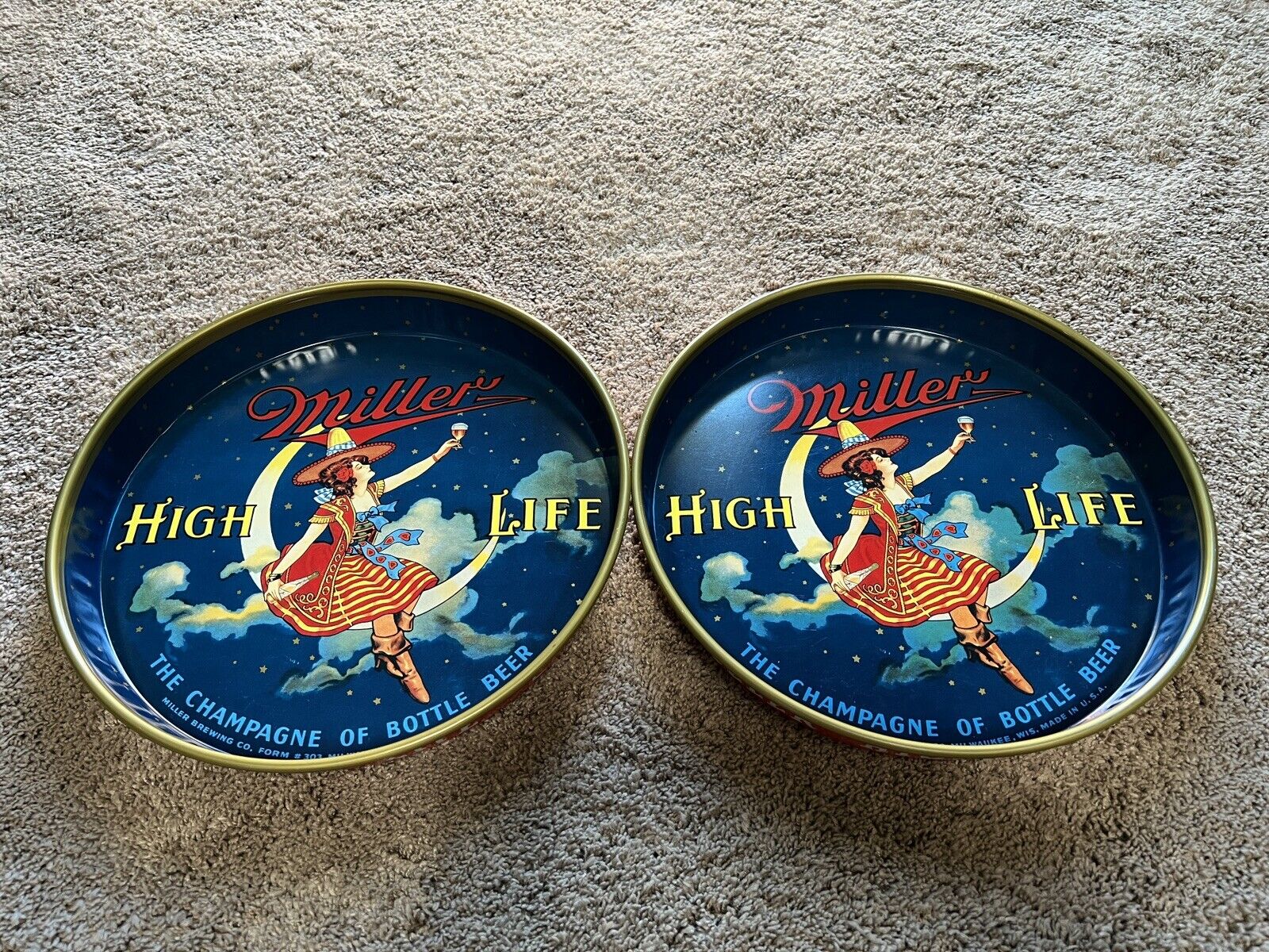 Vintage Miller High Life Beer Drink Serving Tray GIRL ON THE MOON  303 | 2 Trays