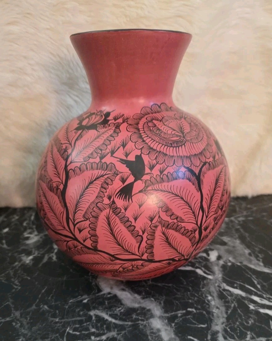 Mexican Folk Art Pottery Vase Hand Painted Red Black Birds Floral 9.75\