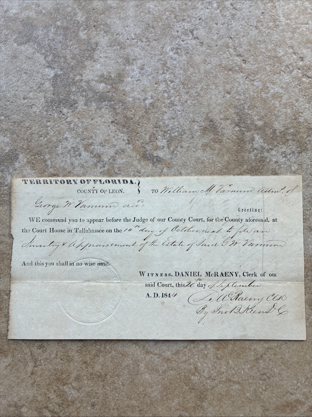 1844 Florida Pre State Document Court Order Rare Stamped -Territory Of Florida. 1844 Florida Pre State Document Court Order Rare Stamped -Territory Of Florida.